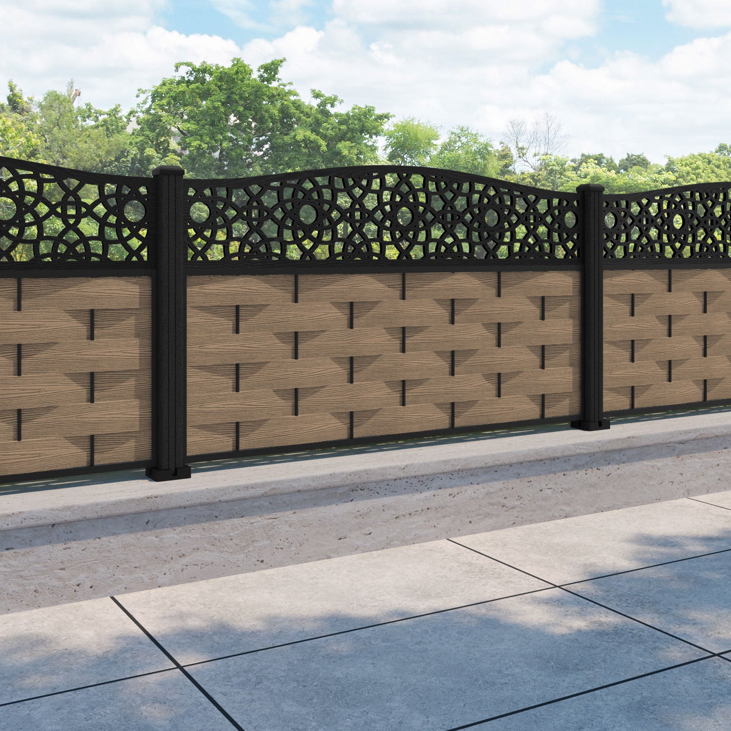 Ripple Ambar Curved Top Fence Panel - Teak - with our composite posts