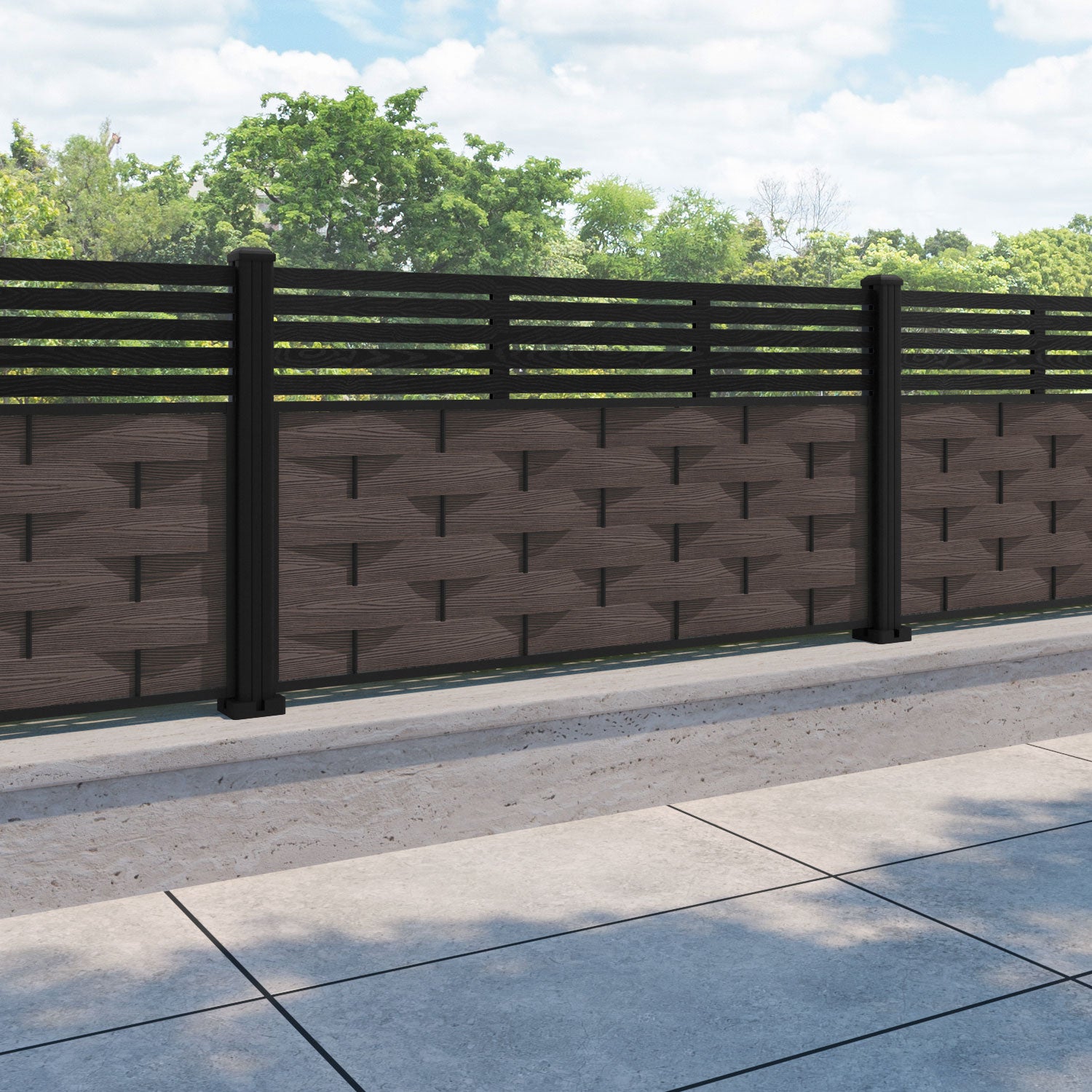 Ripple Aspen Fence Panel - Mid Brown - with our aluminium posts