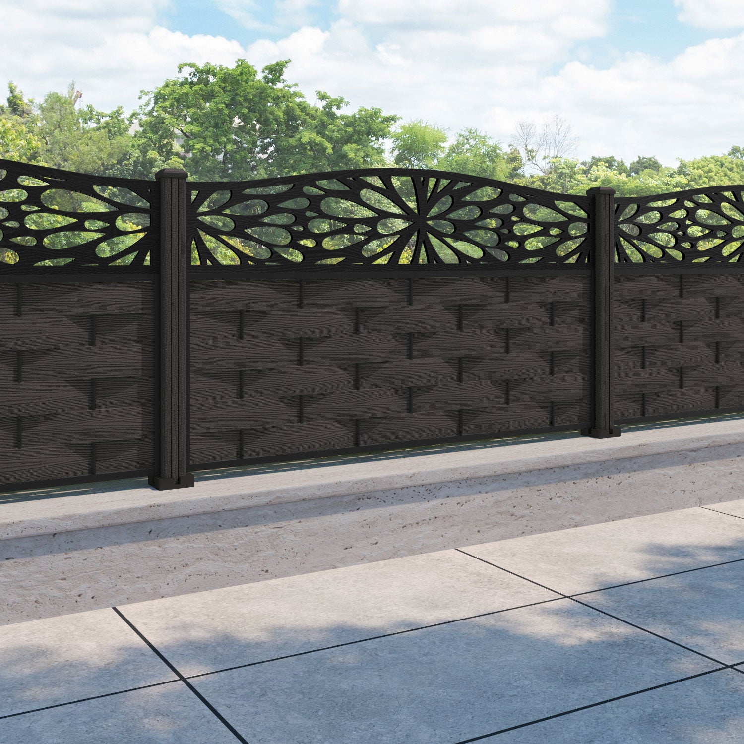 Ripple Blossom Curved Top Fence Panel - Dark Oak - with our composite posts