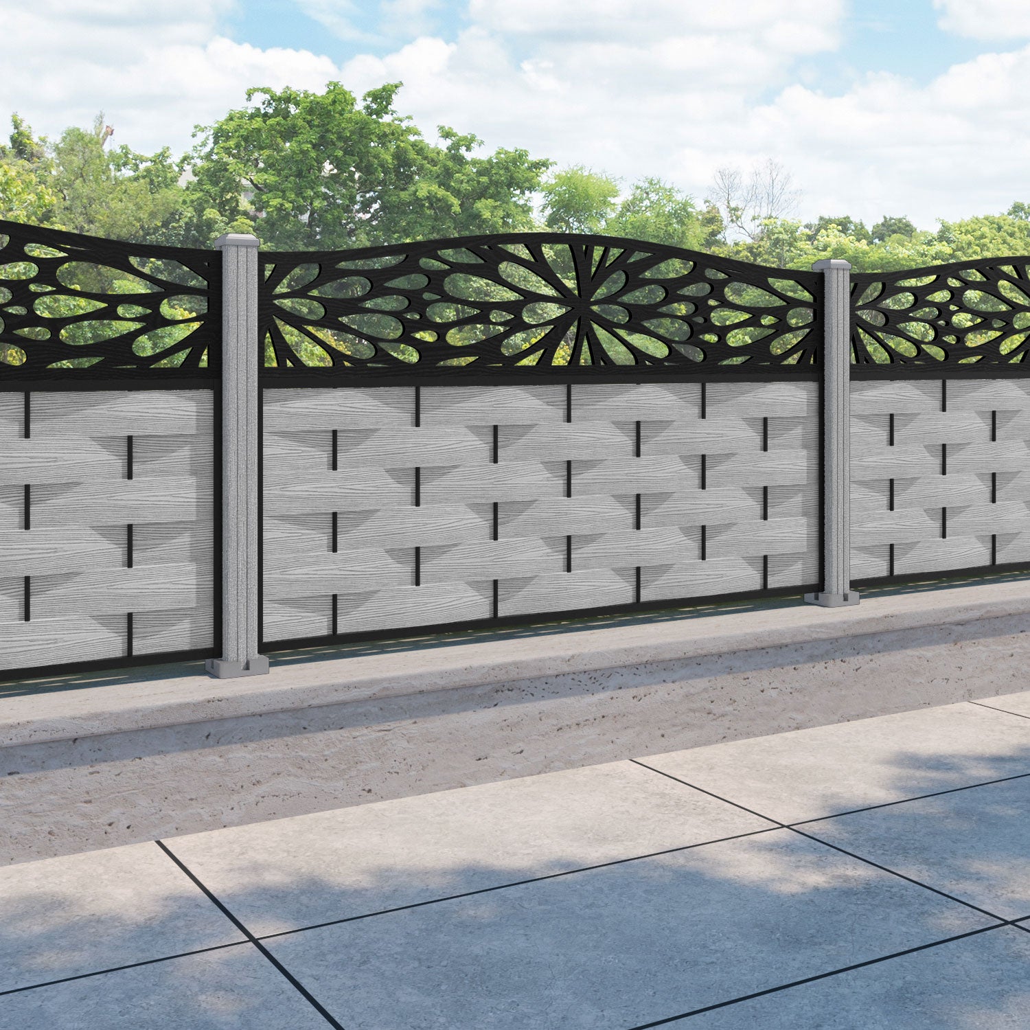 Ripple Blossom Curved Top Fence Panel - Light Grey - with our composite posts