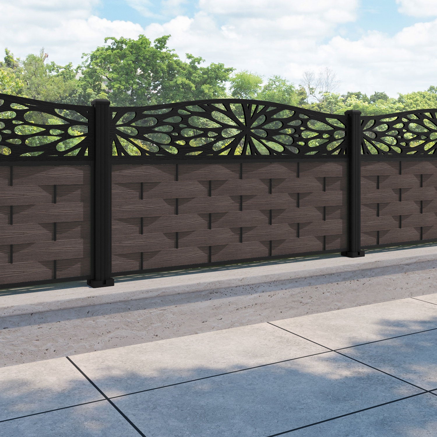 Ripple Blossom Curved Top Fence Panel - Mid Brown - with our aluminium posts