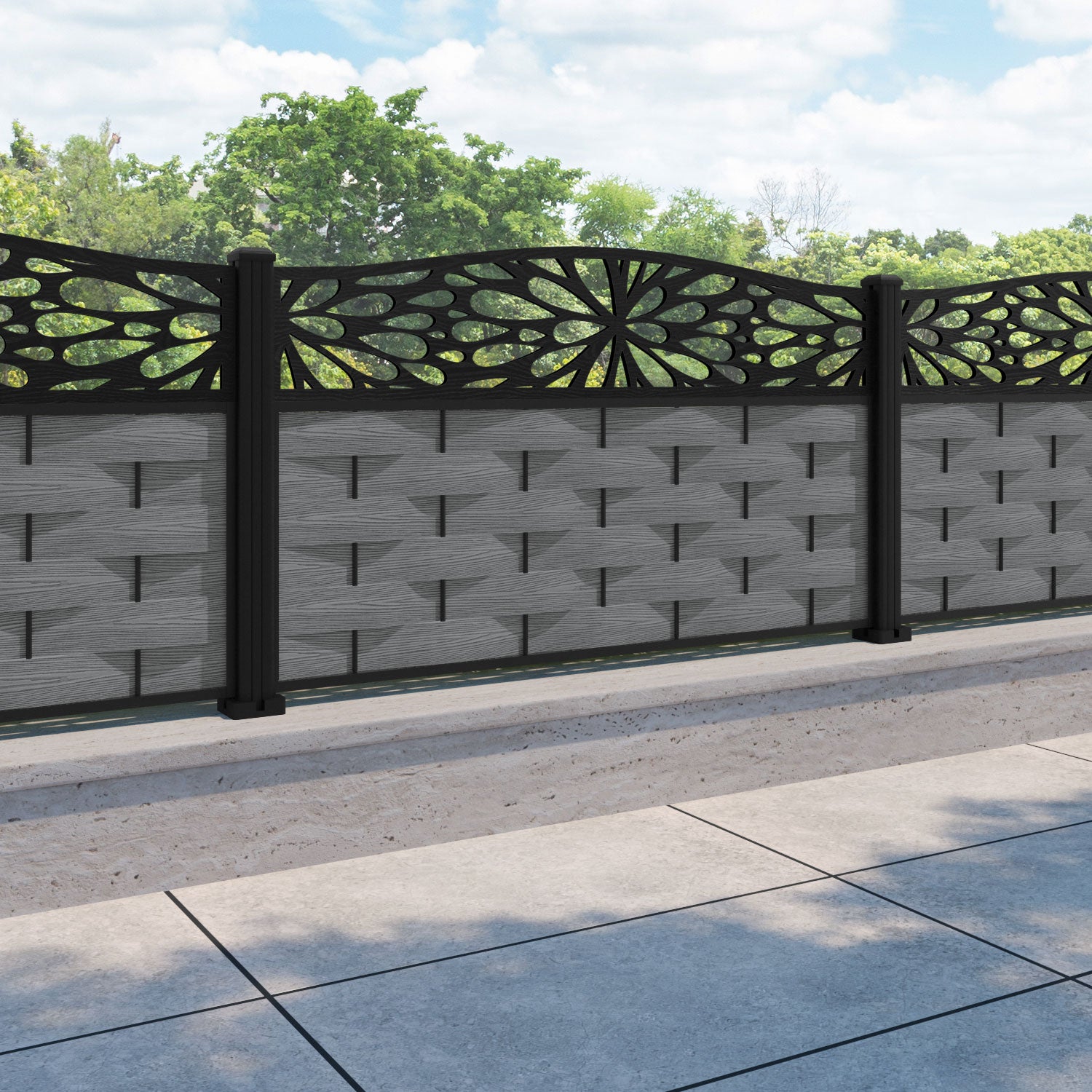 Ripple Blossom Curved Top Fence Panel - Mid Grey - with our aluminium posts