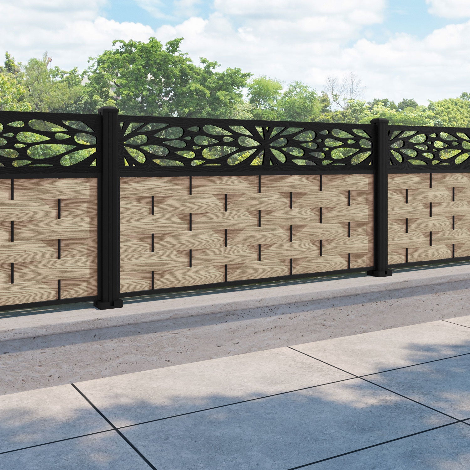 Ripple Blossom Fence Panel - Light Oak - with our aluminium posts