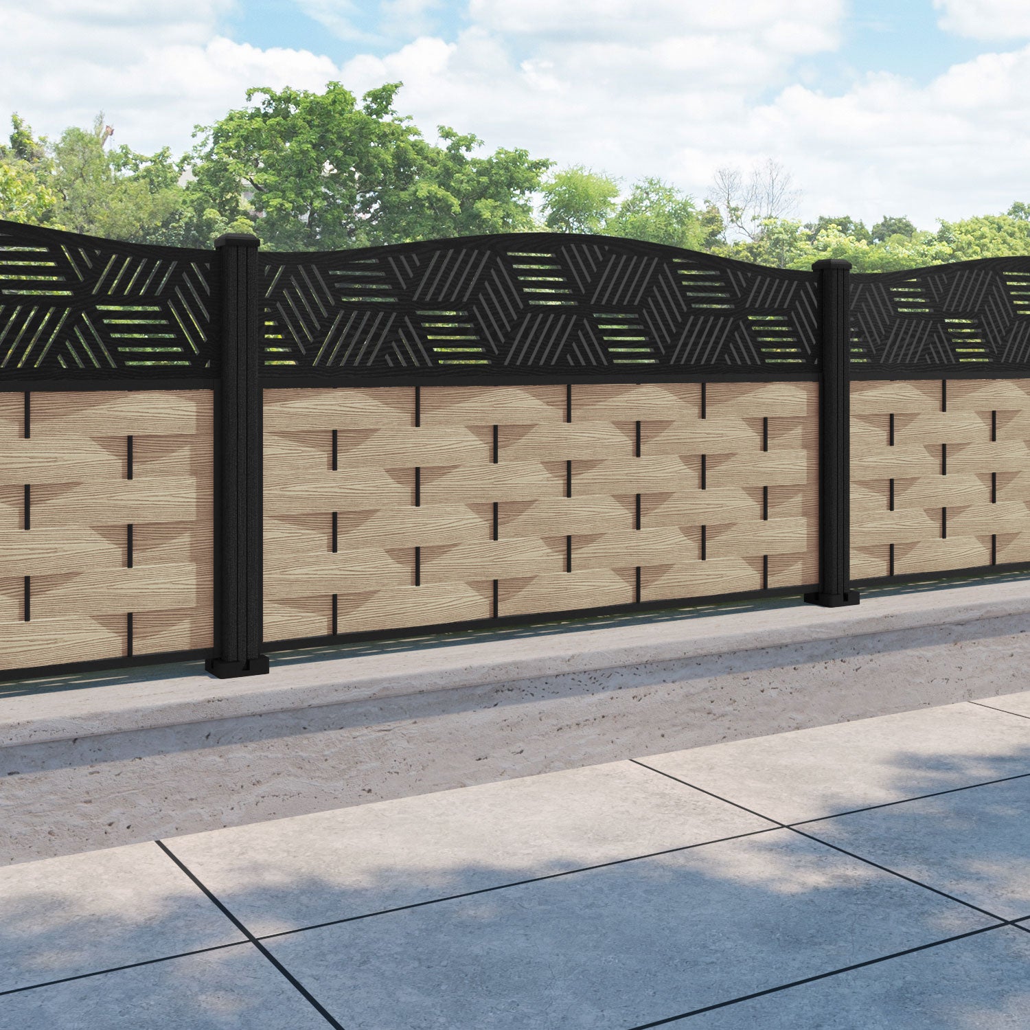 Ripple Cubed Curved Top Fence Panel - Light Oak - with our composite posts