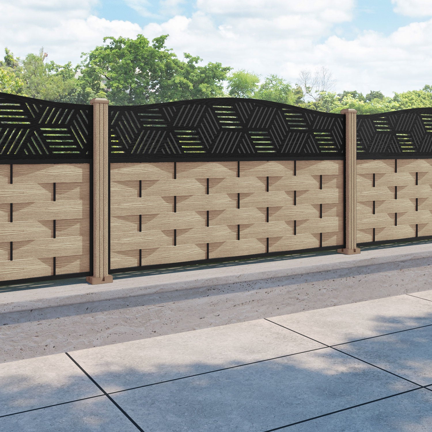 Ripple Cubed Curved Top Fence Panel - Light Oak - with our composite posts