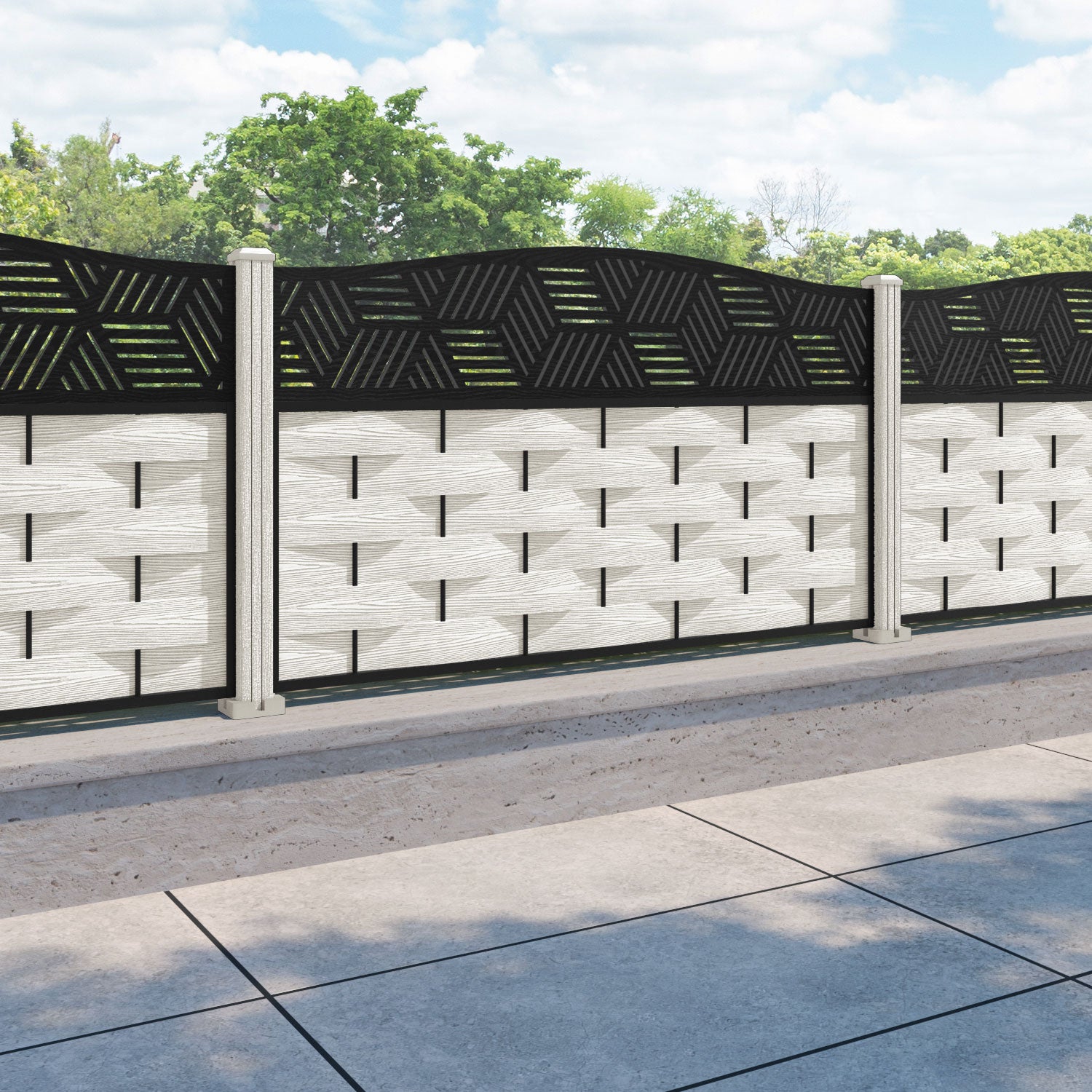 Ripple Cubed Curved Top Fence Panel - Light Stone - with our composite posts