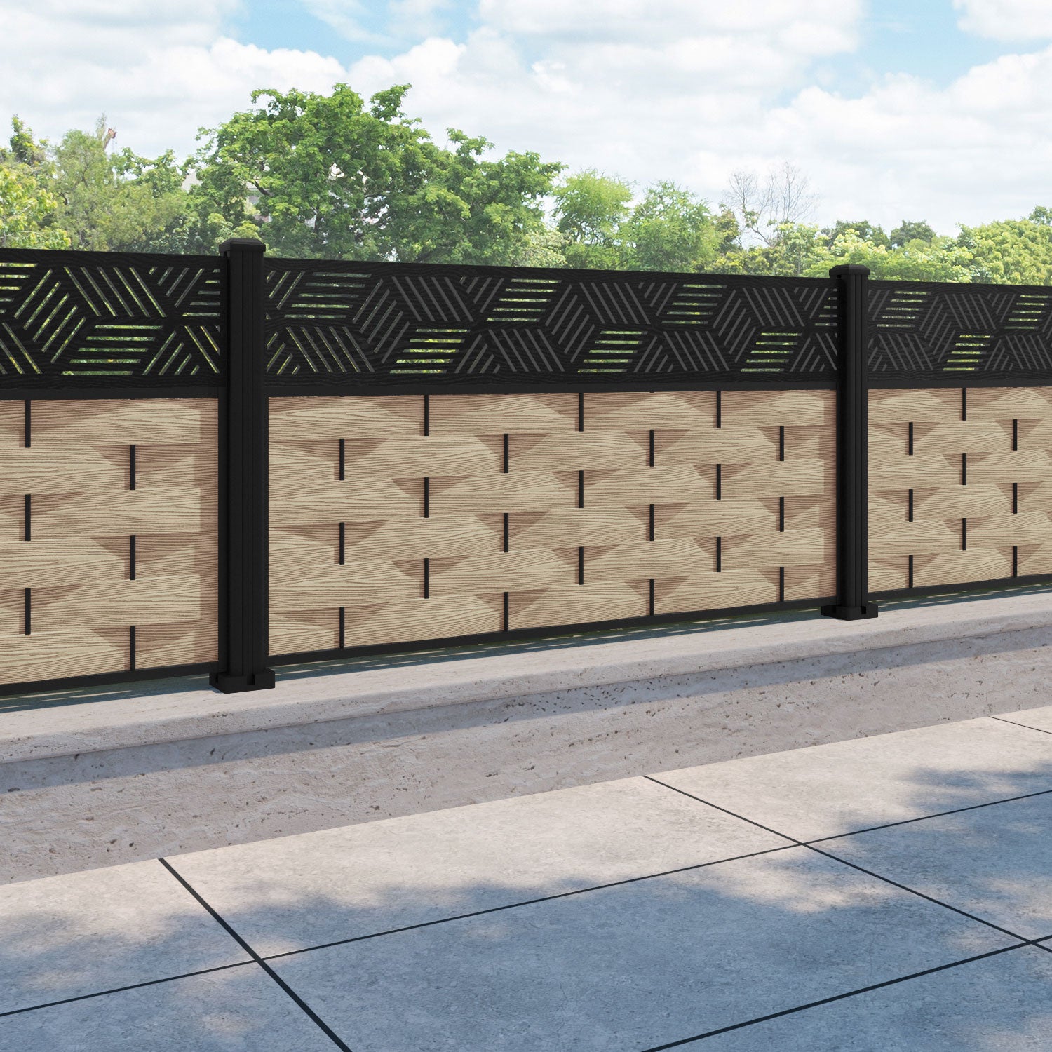 Ripple Cubed Fence Panel - Light Oak - with our aluminium posts