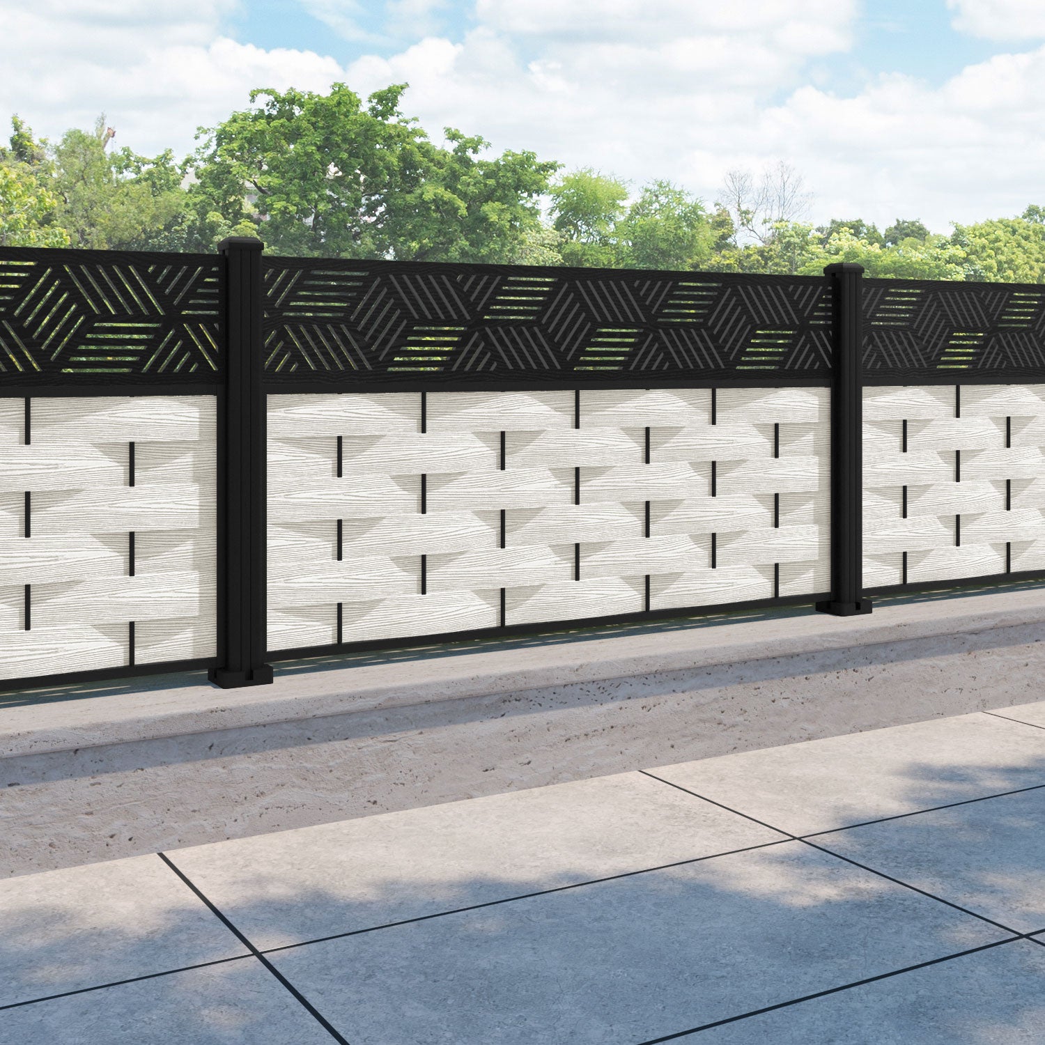 Ripple Cubed Fence Panel - Light Stone - with our aluminium posts