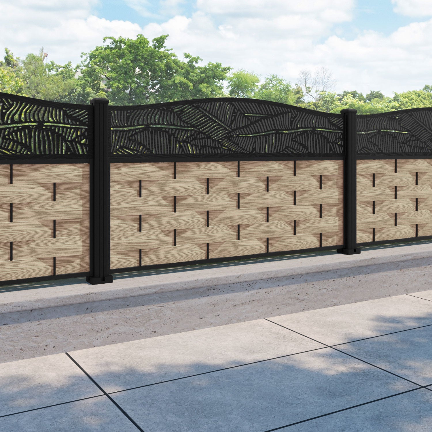 Ripple Feather Curved Top Fence Panel - Light Oak - with our aluminium posts