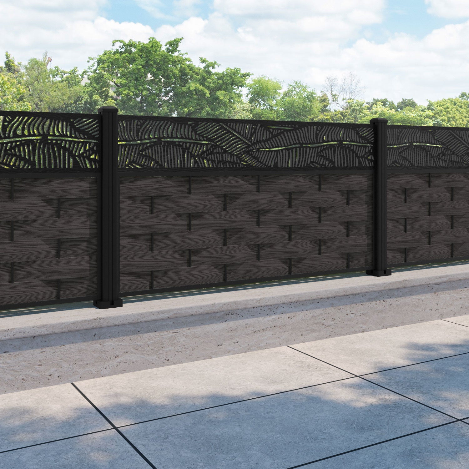 Ripple Feather Fence Panel - Dark Oak - with our aluminium posts