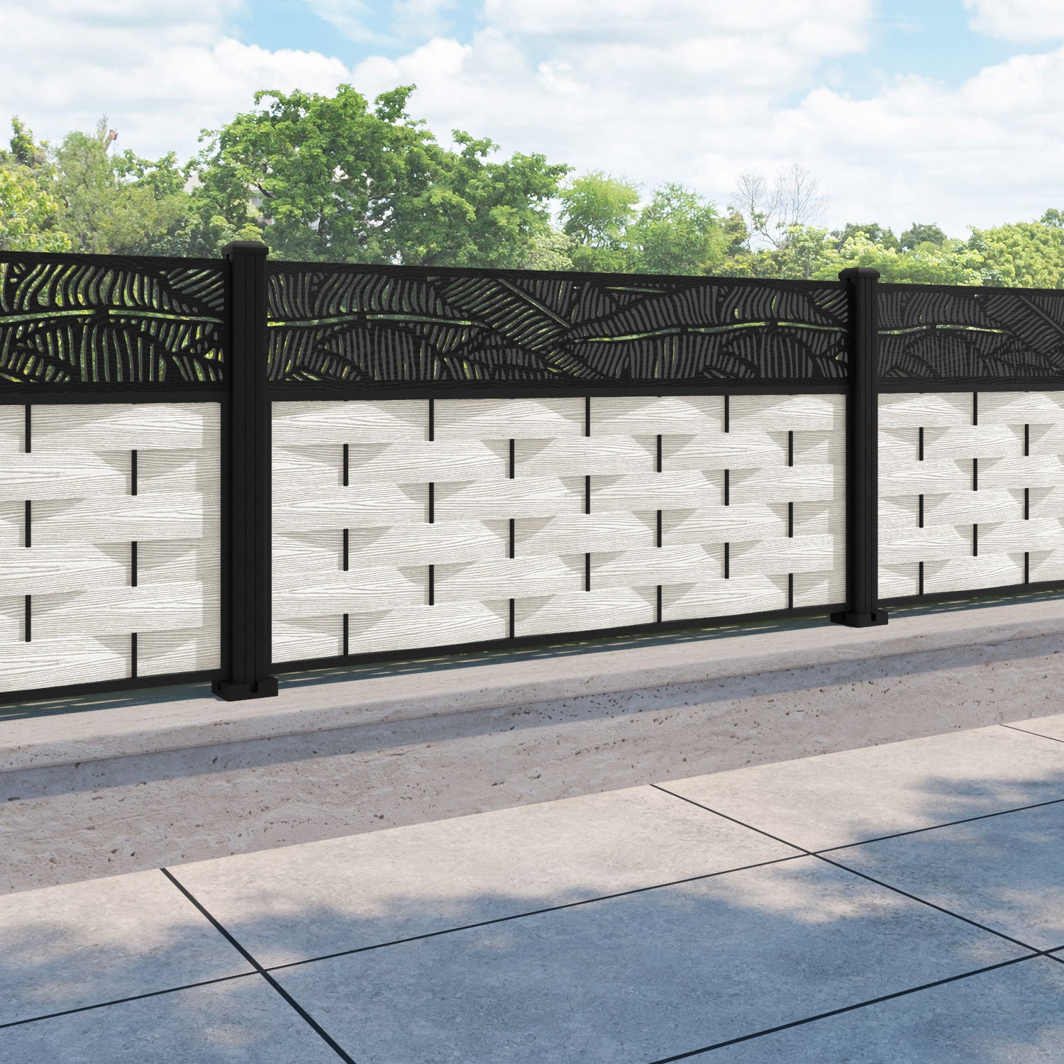 Ripple Feather Fence Panel - Light Stone - with our aluminium posts