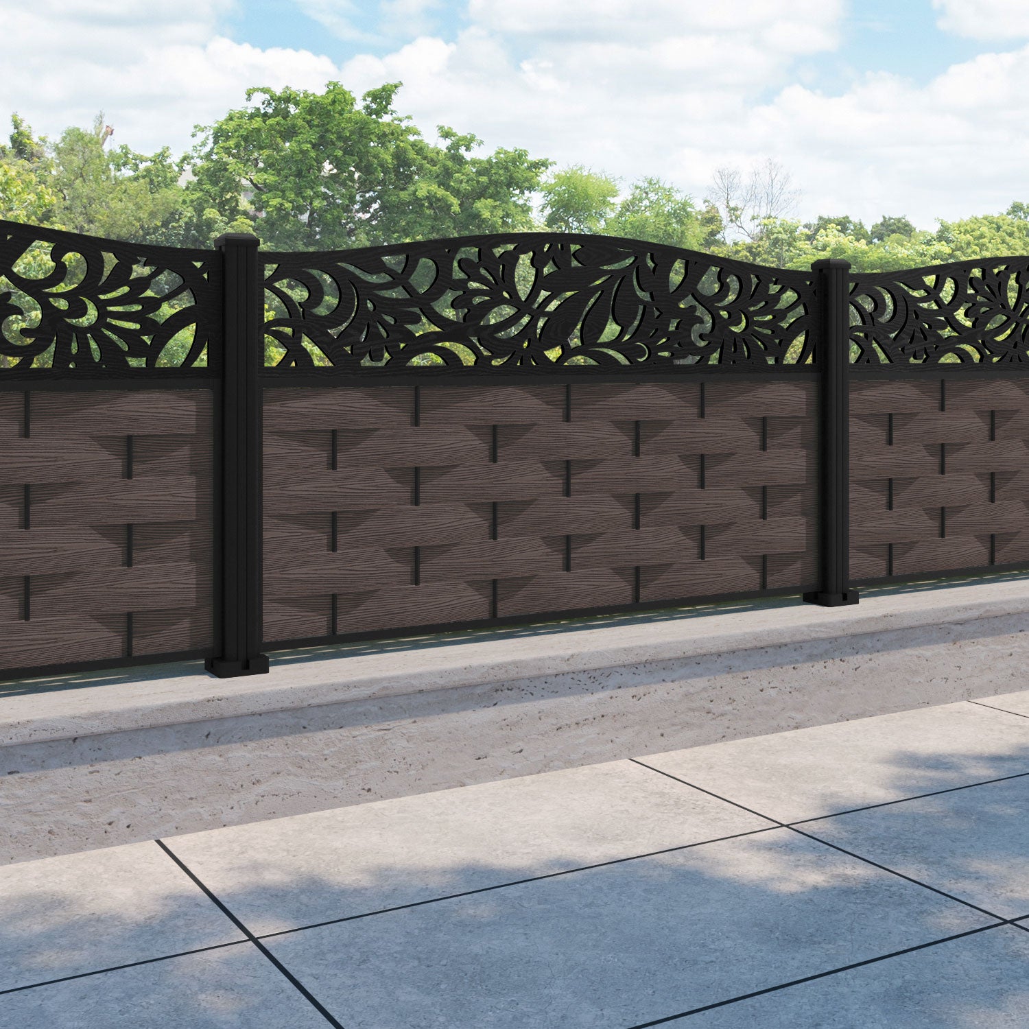Ripple Heritage Curved Top Fence Panel - Mid Brown - with our aluminium posts