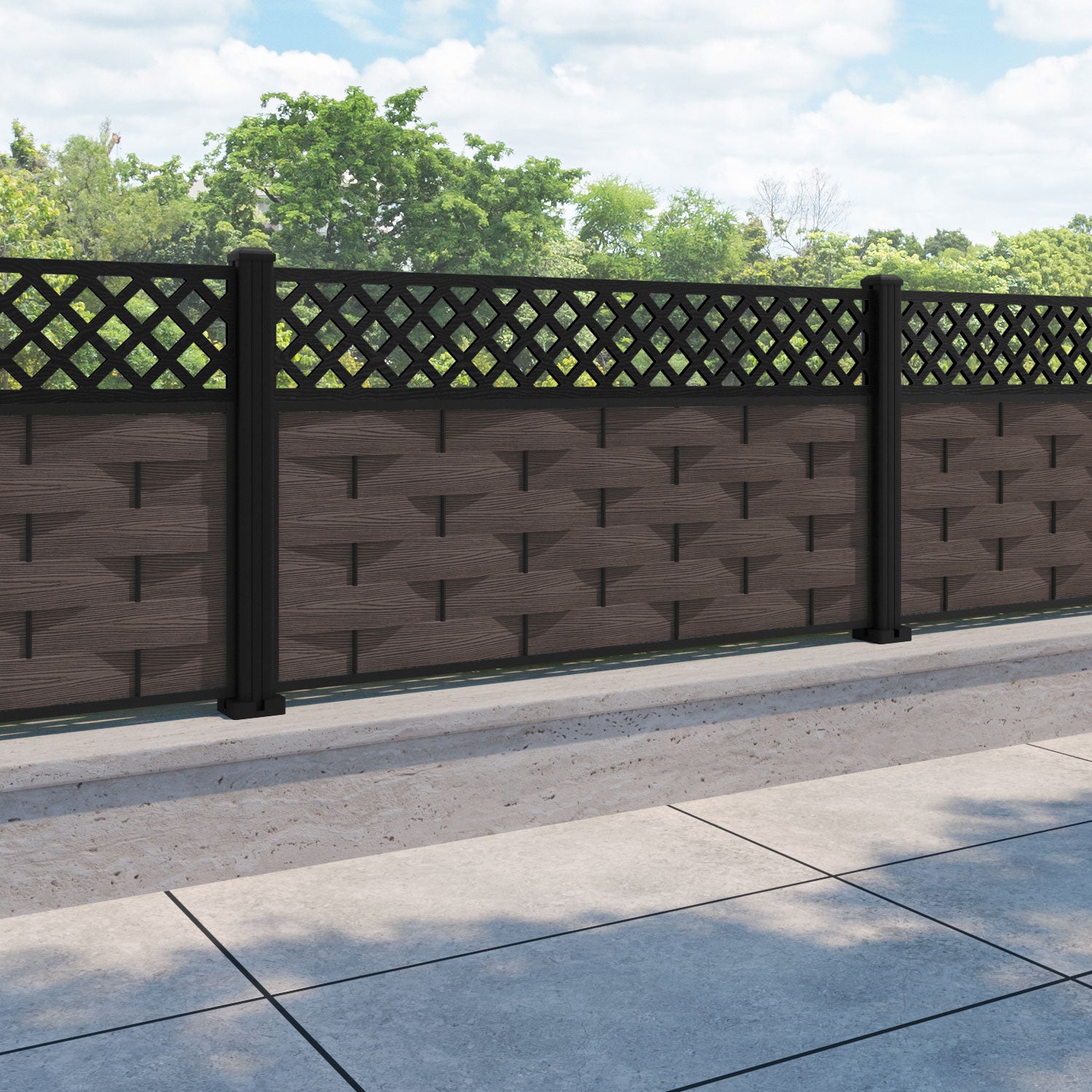 Ripple Hive Fence Panel - Mid Brown - with our aluminium posts