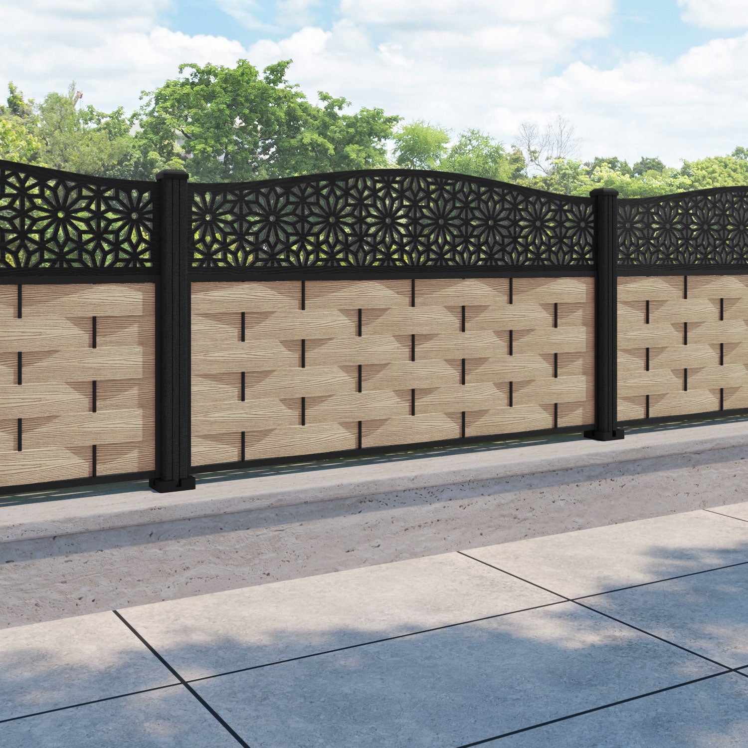 Ripple Narwa Curved Top Fence Panel - Light Oak - with our composite posts