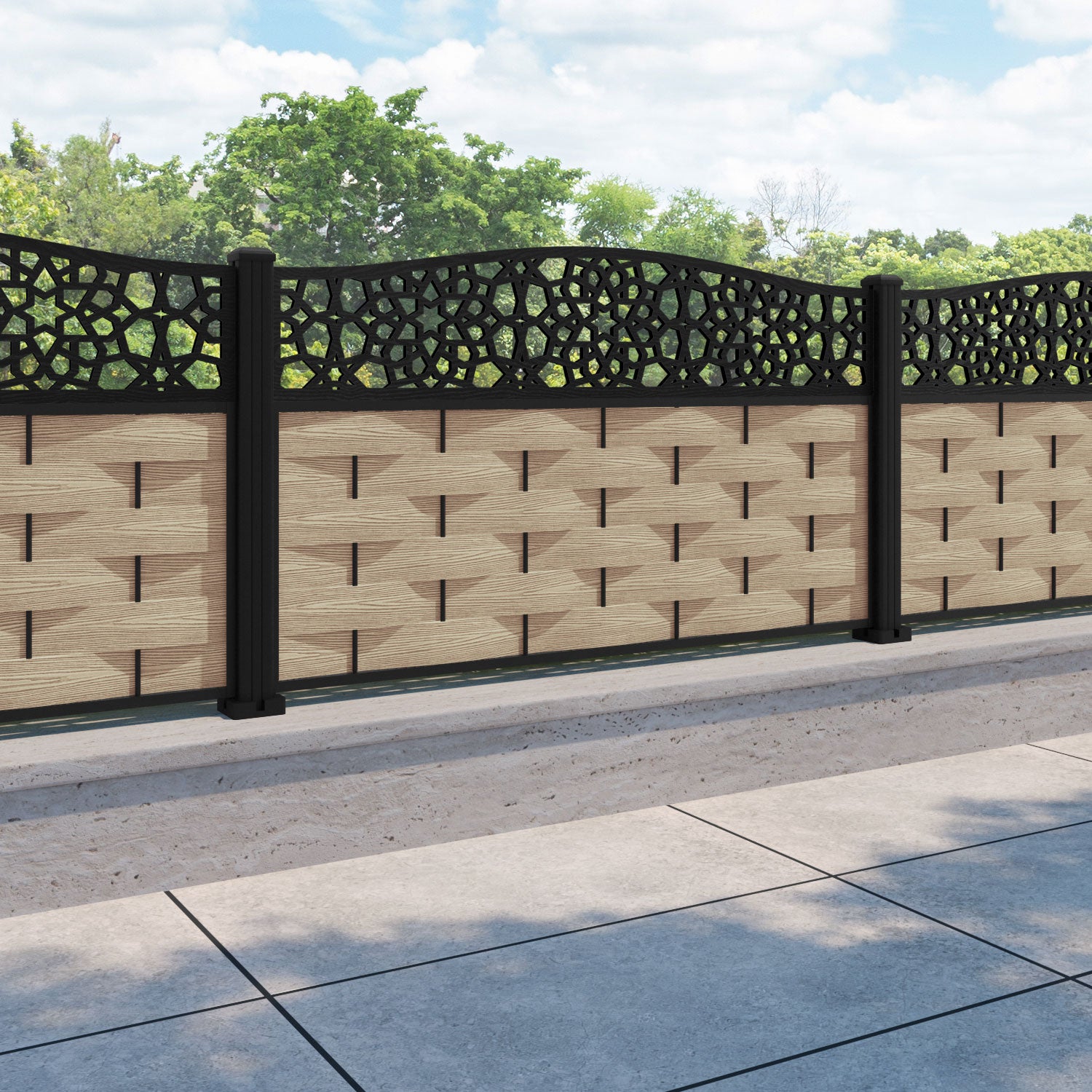 Ripple Nazira Curved Top Fence Panel - Light Oak - with our aluminium posts