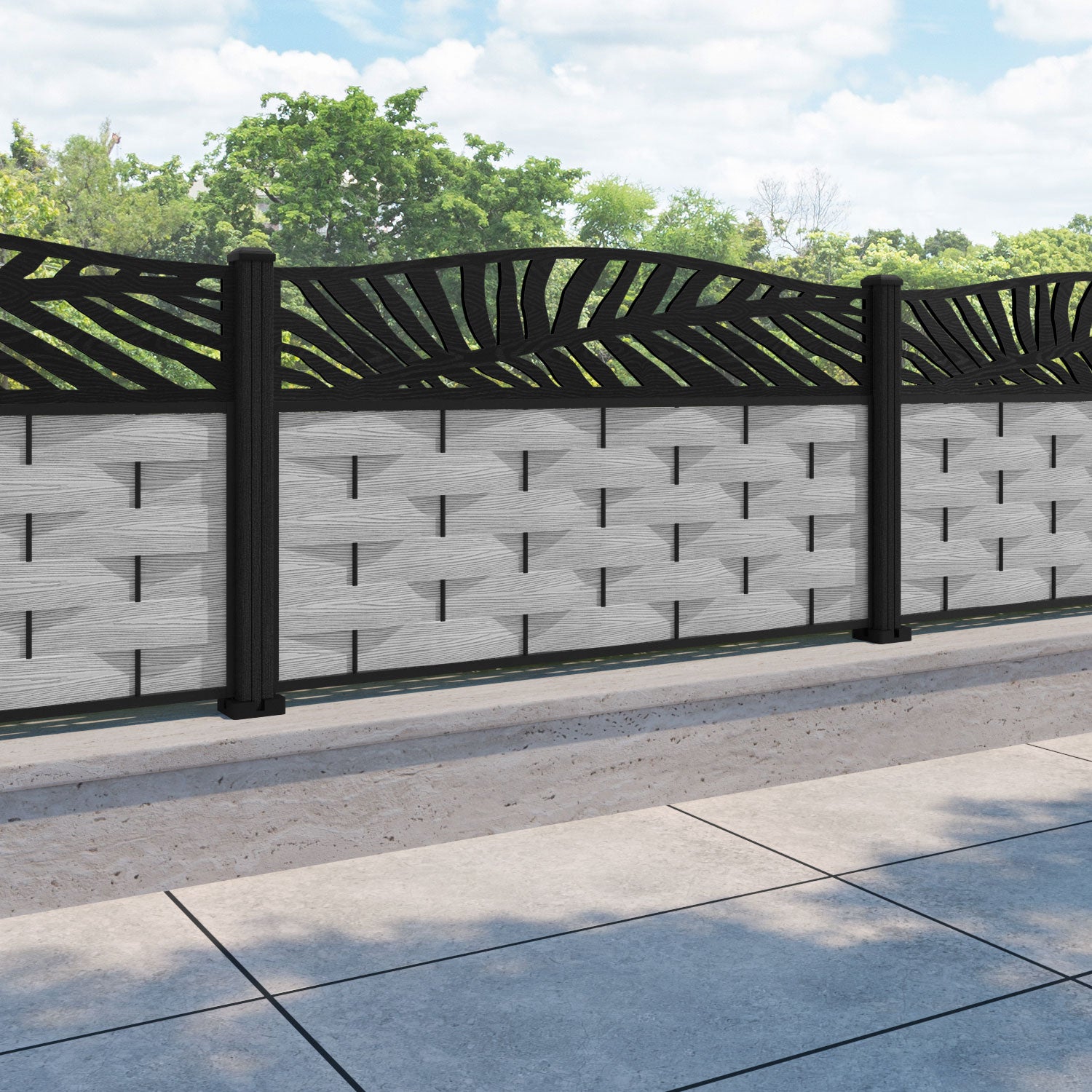 Ripple Palm Curved Top Fence Panel - Light Grey - with our composite posts