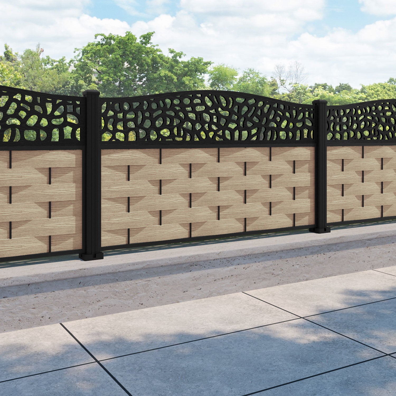 Ripple Pebble Curved Top Fence Panel - Light Oak - with our aluminium posts