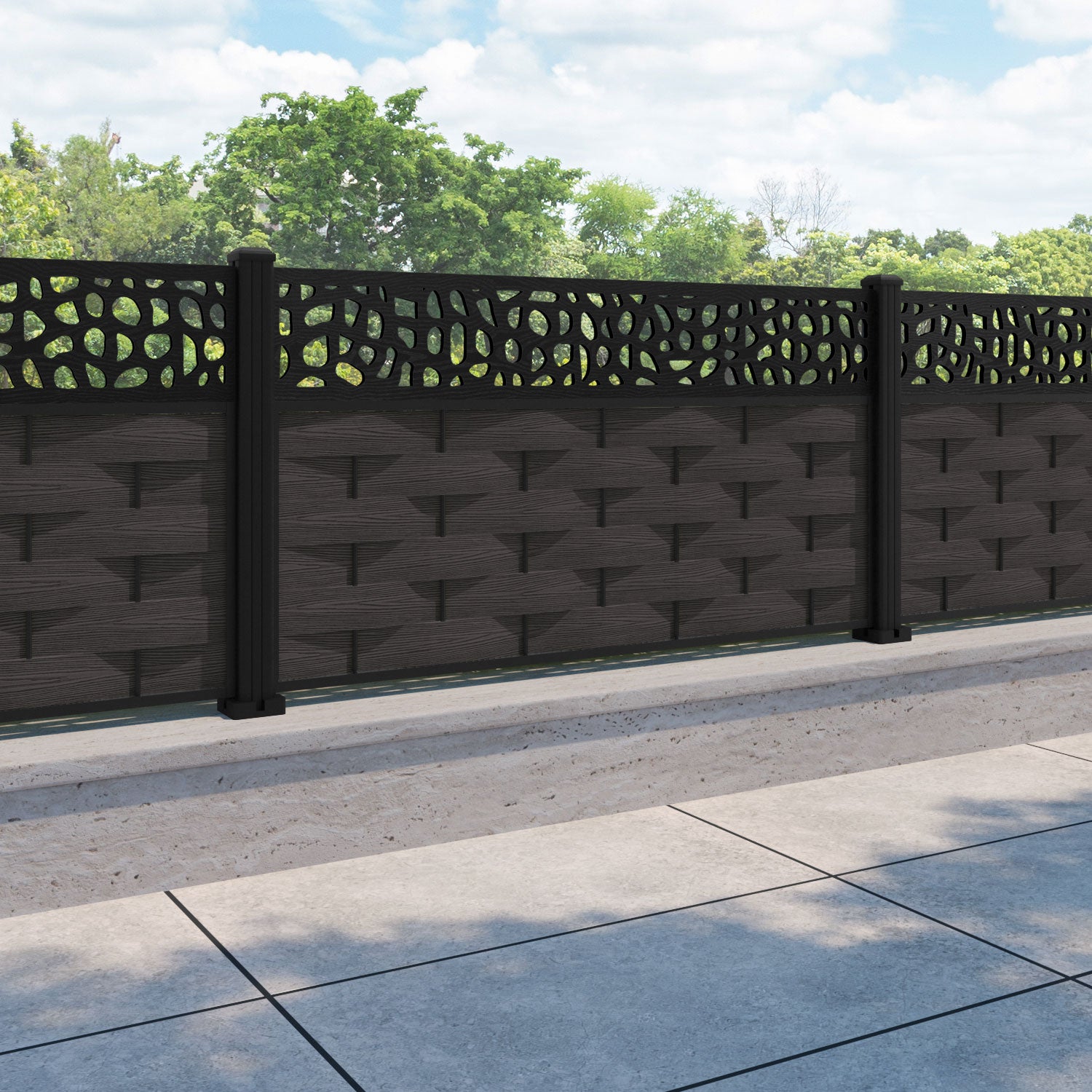 Ripple Pebble Fence Panel - Dark Oak - with our aluminium posts