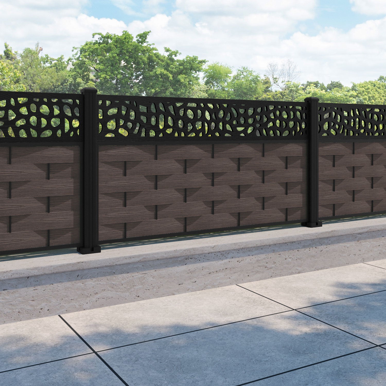 Ripple Pebble Fence Panel - Mid Brown - with our aluminium posts