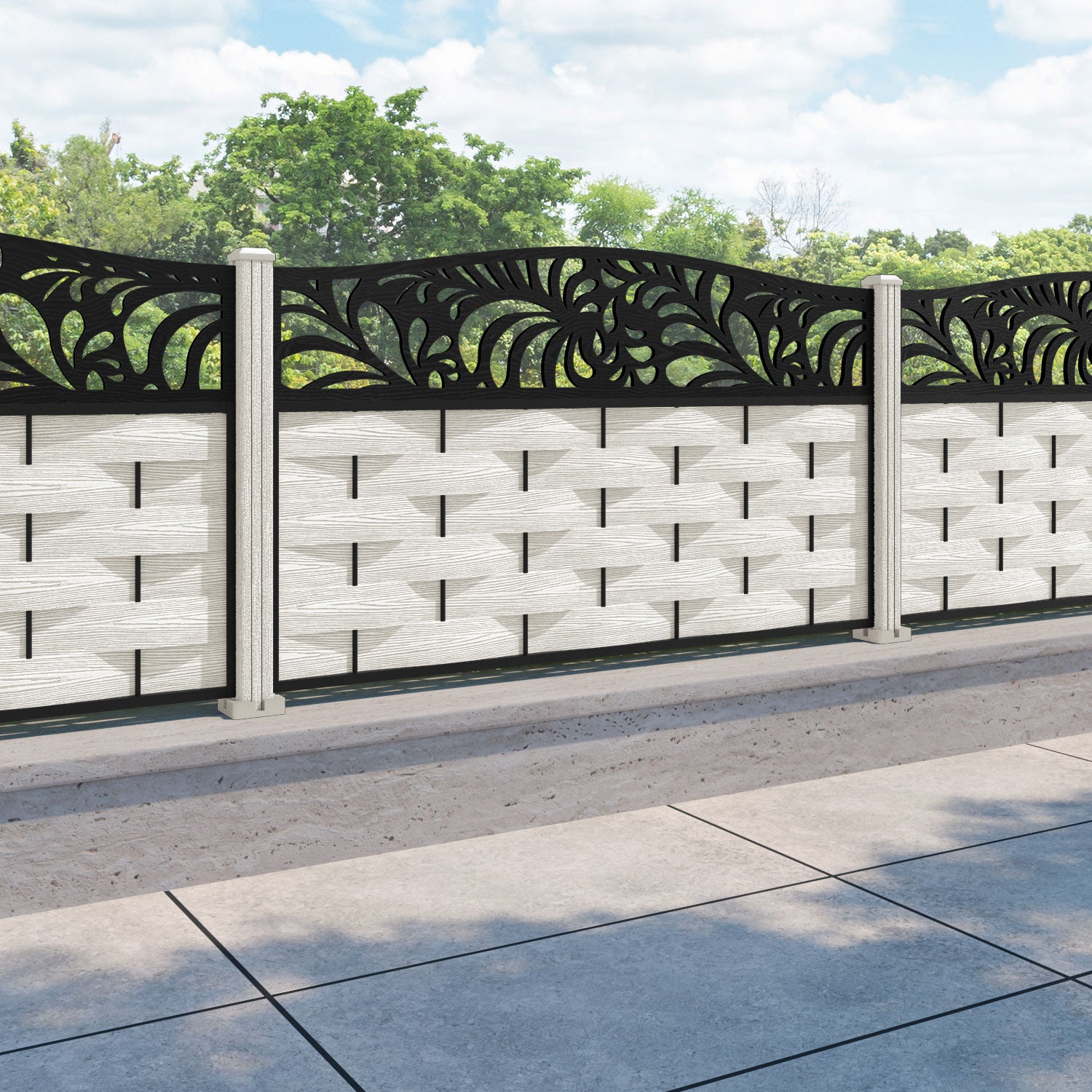 Ripple Petal Curved Top Fence Panel - Light Stone - with our composite posts