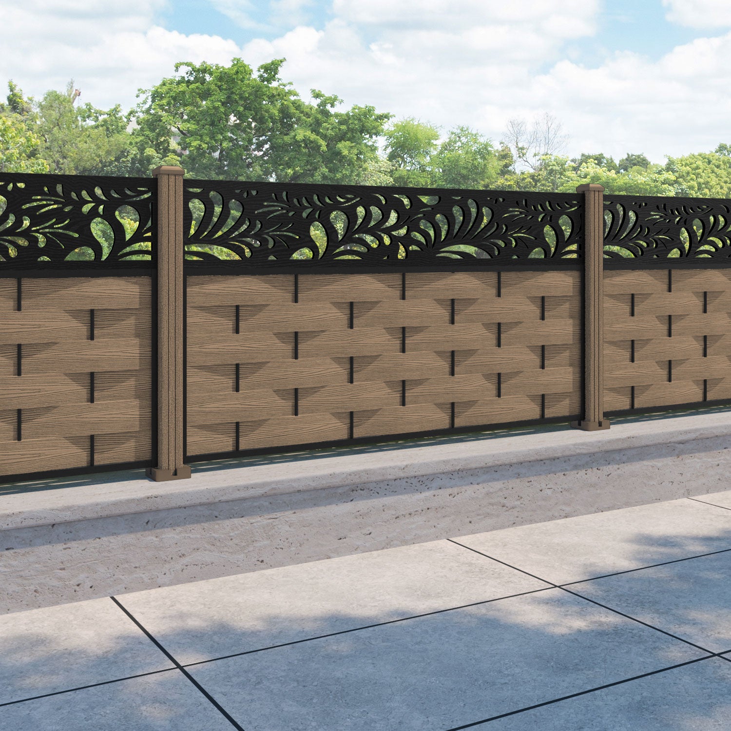 Ripple Petal Fence Panel - Teak - with our composite posts