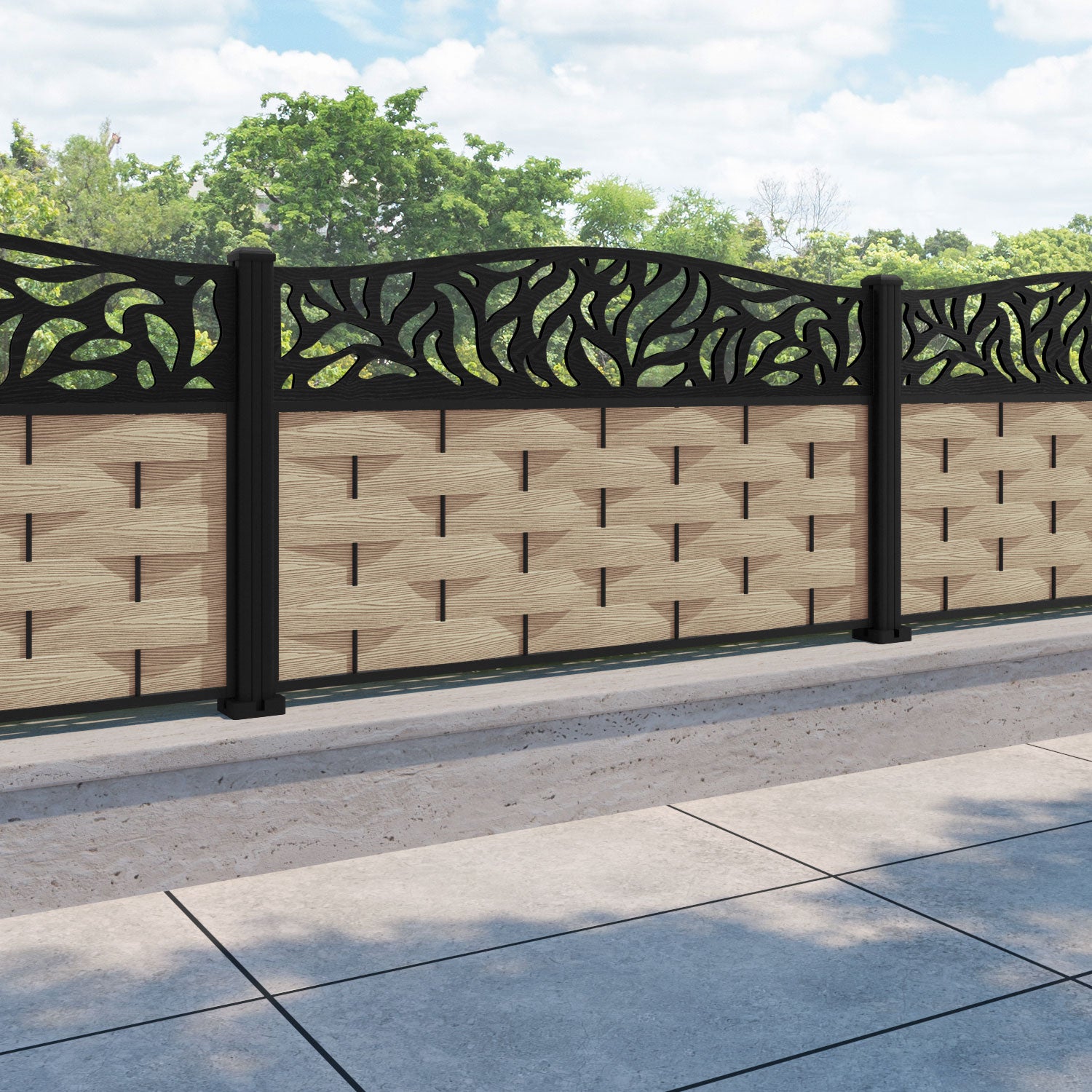 Ripple Plume Curved Top Fence Panel - Light Oak - with our aluminium posts