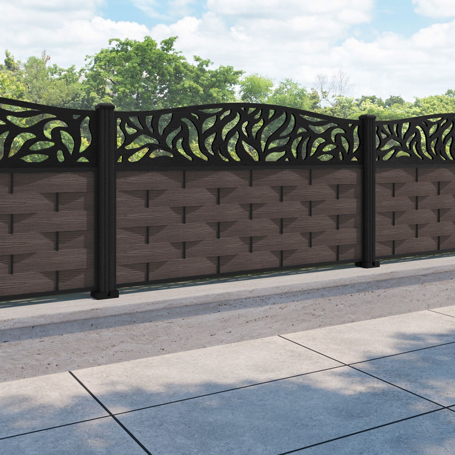 Ripple Plume Curved Top Fence Panel - Mid Brown - with our composite posts