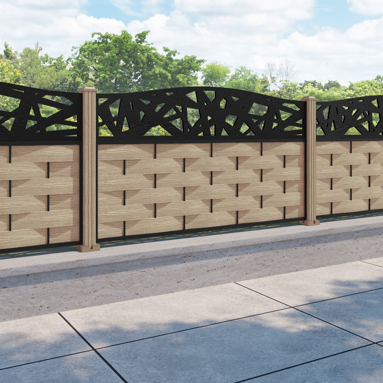 Ripple Prism Curved Top Fence Panel - Light Oak - with our composite posts