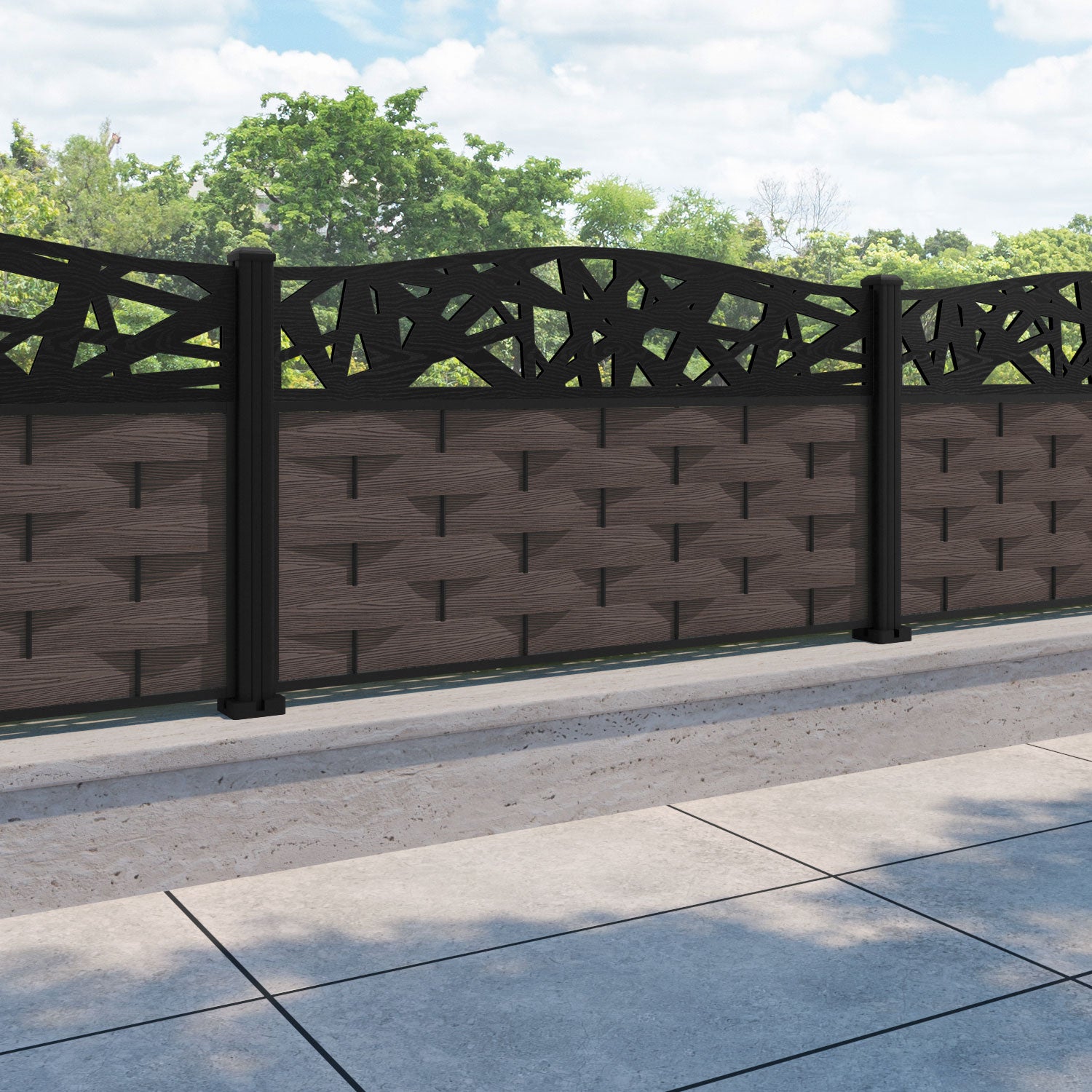 Ripple Prism Curved Top Fence Panel - Mid Brown - with our aluminium posts