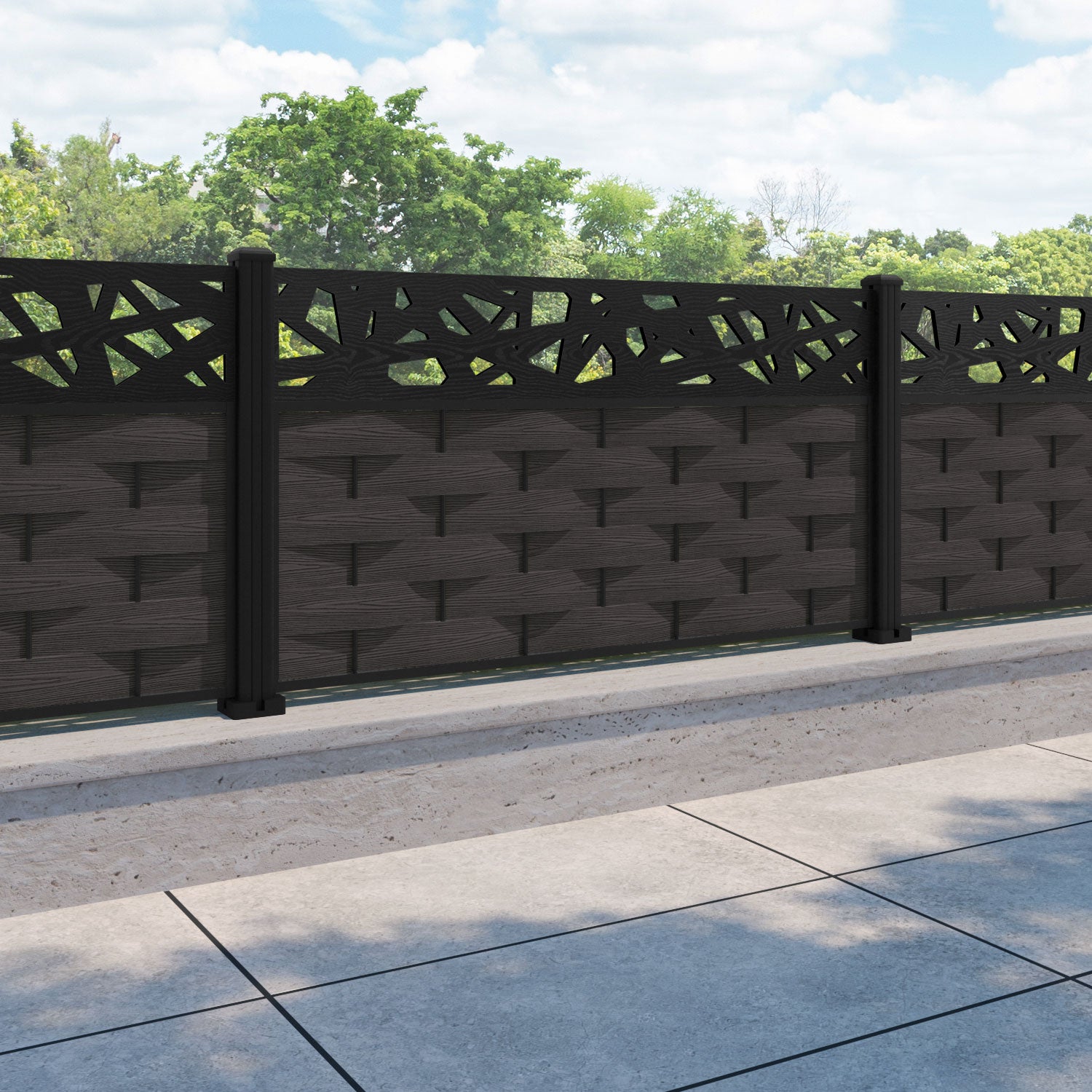 Ripple Prism Fence Panel - Dark Oak - with our aluminium posts