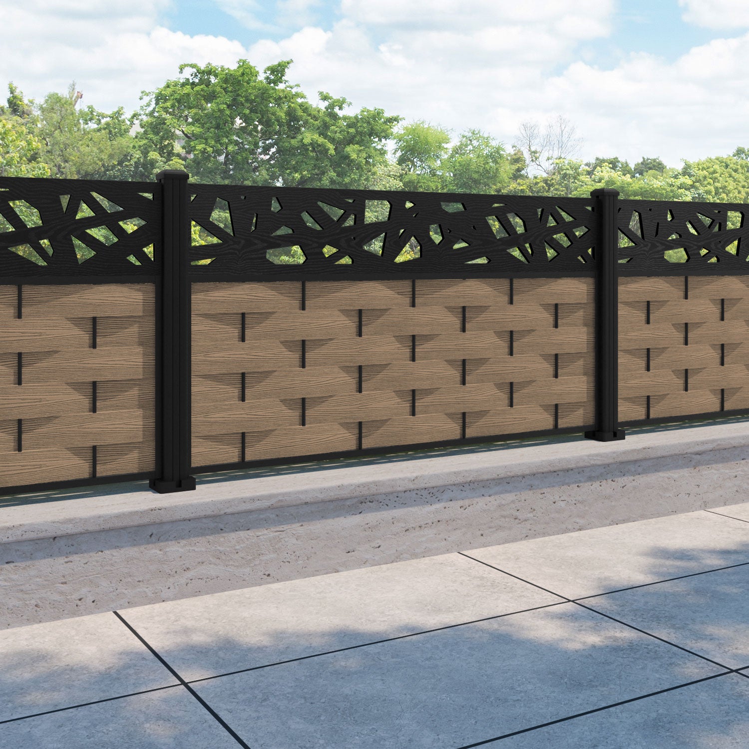 Ripple Prism Fence Panel - Teak - with our aluminium posts