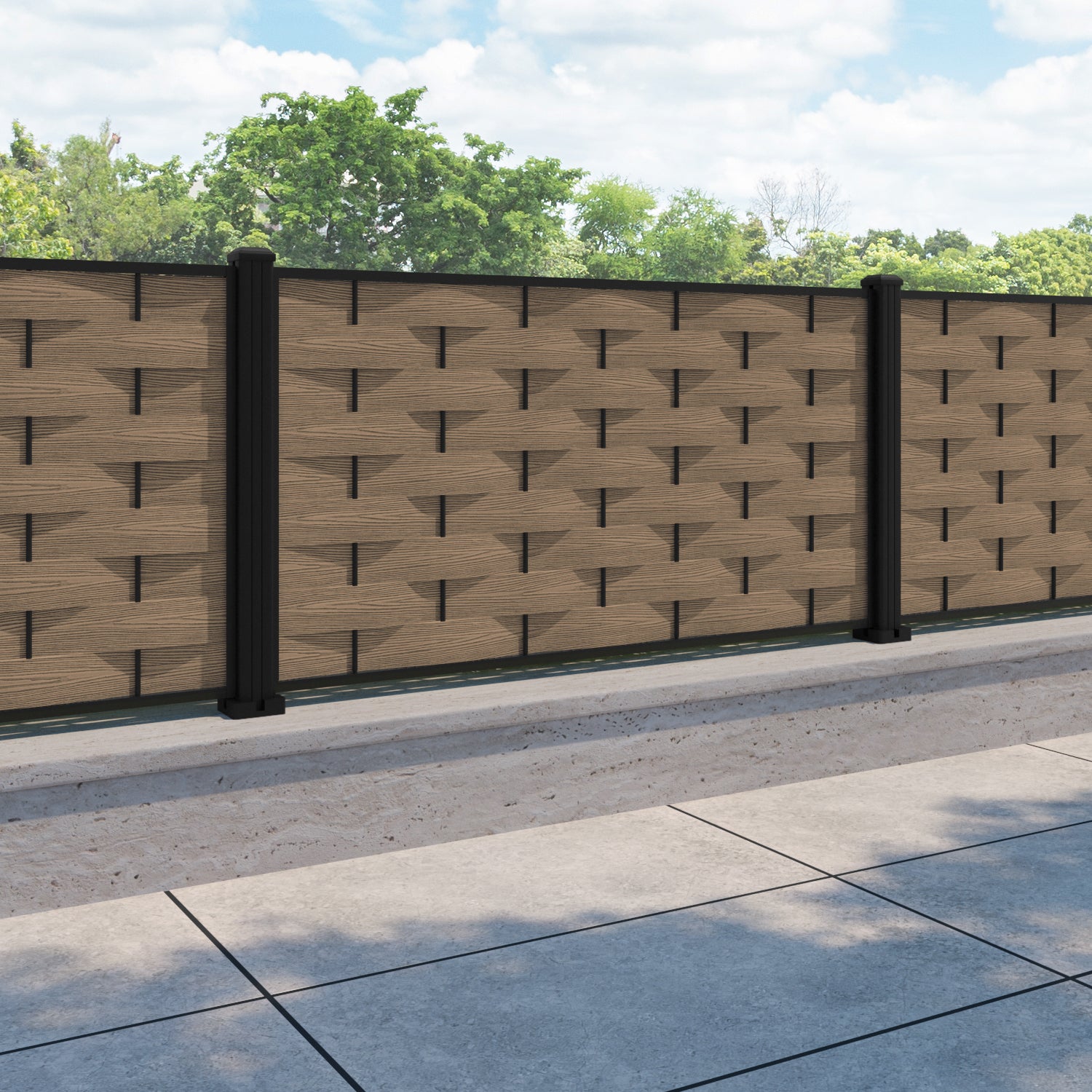 Ripple Fence Panel - Teak - with our aluminium posts