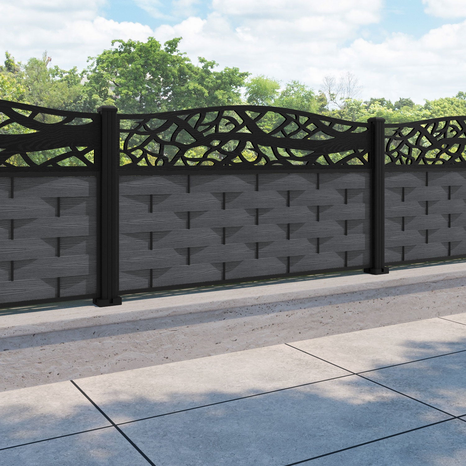 Ripple Twilight Curved Top Fence Panel - Dark Grey - with our aluminium posts