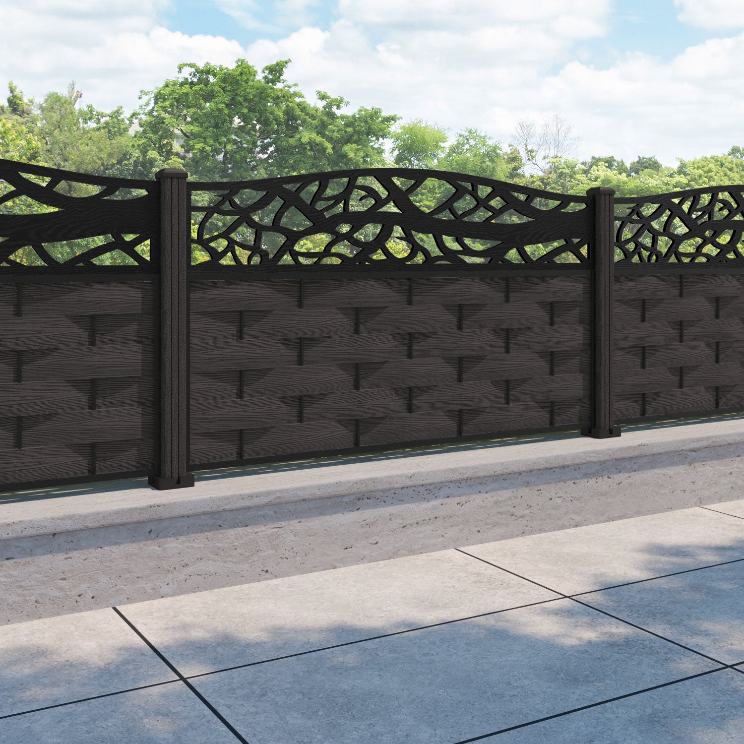Ripple Twilight Curved Top Fence Panel - Dark Oak - with our composite posts