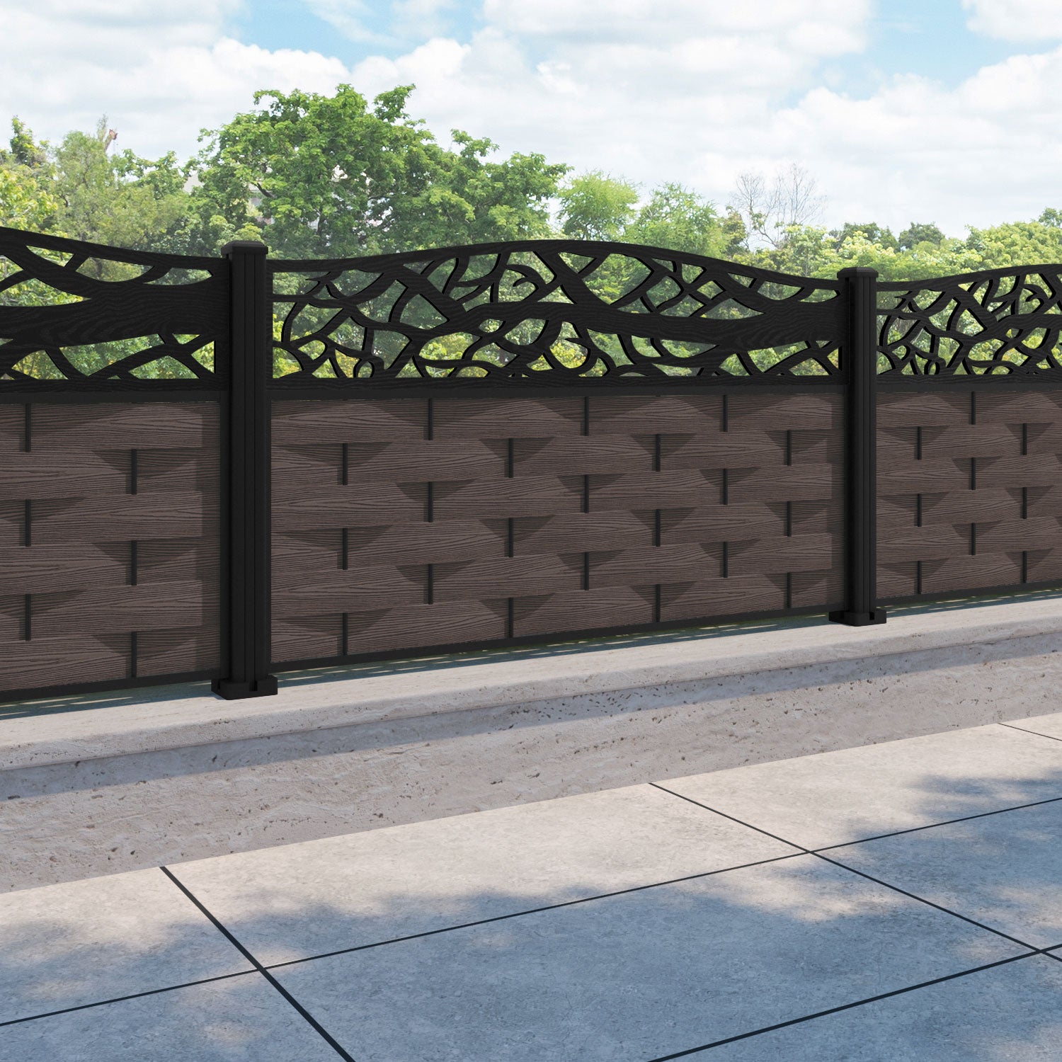 Ripple Twilight Curved Top Fence Panel - Mid Brown - with our aluminium posts
