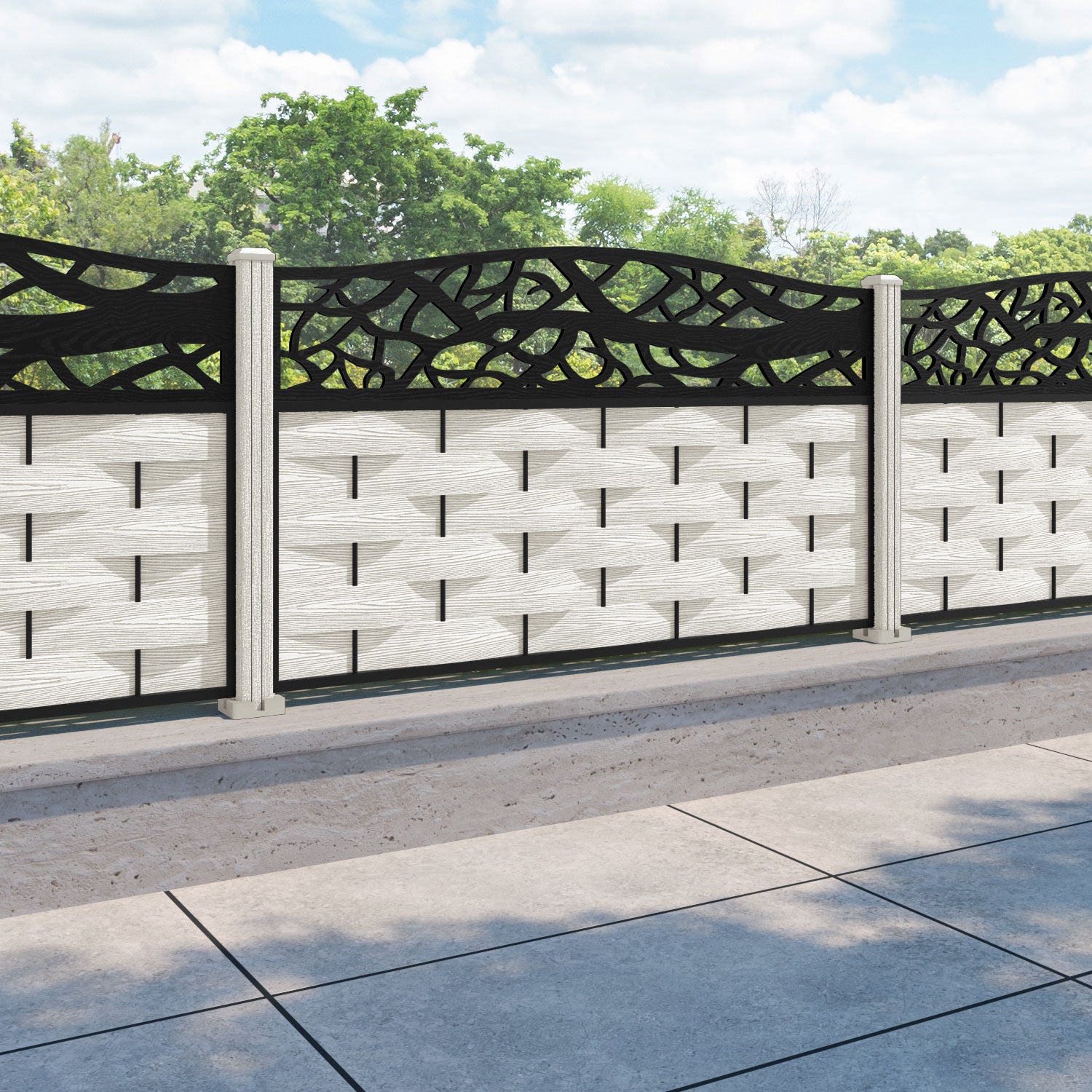 Ripple Twilight Curved Top Fence Panel - Light Stone - with our composite posts