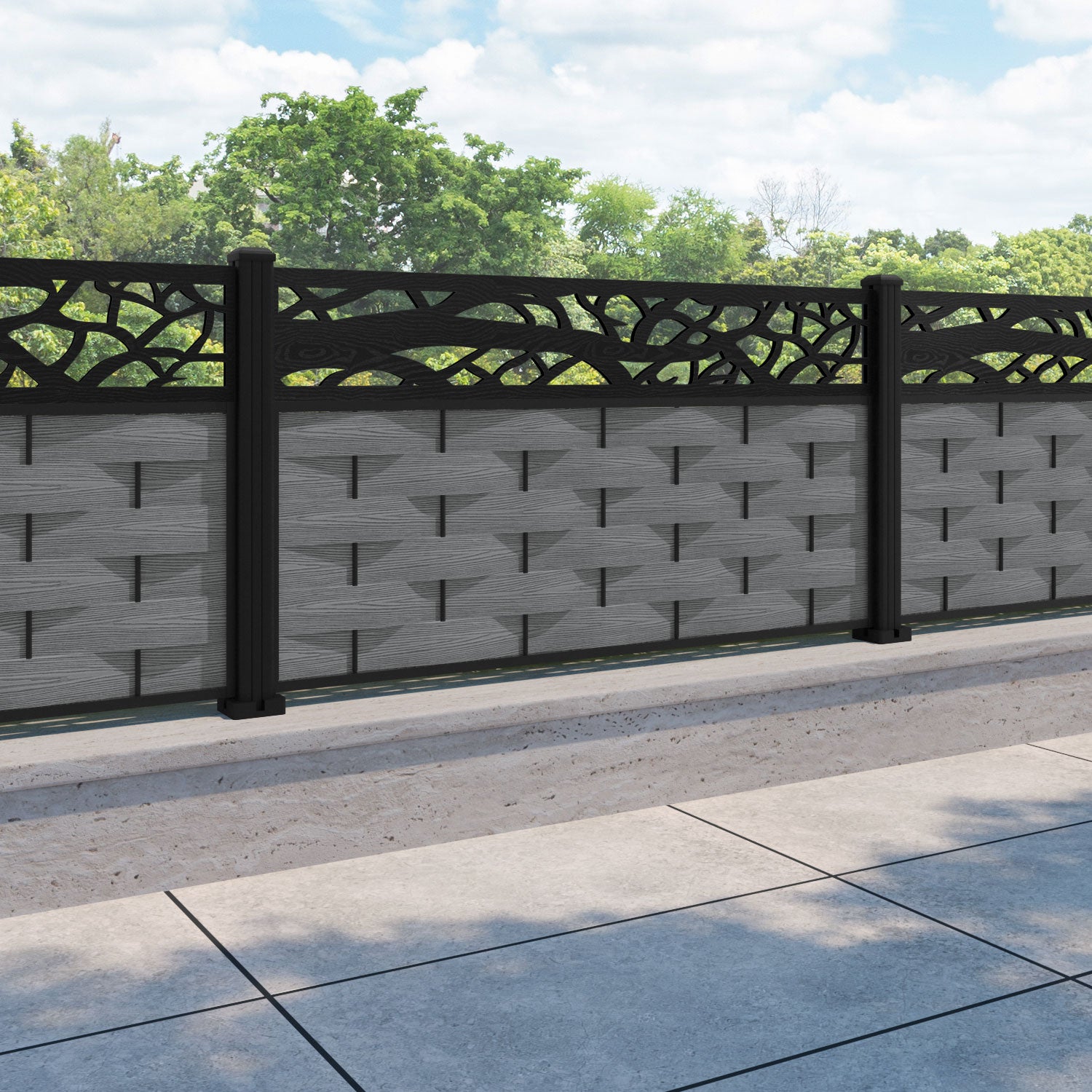 Ripple Twilight Fence Panel - Mid Grey - with our aluminium posts