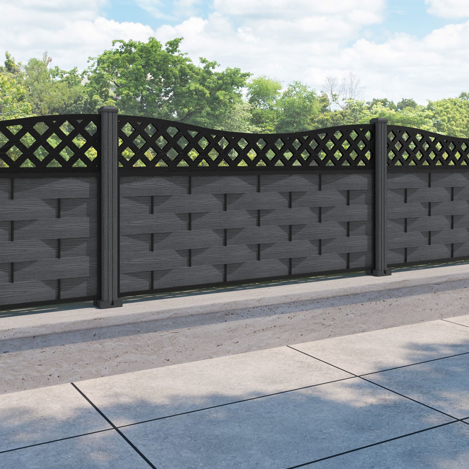Ripple Low Wave Fence Panel - Dark Grey - with our composite posts