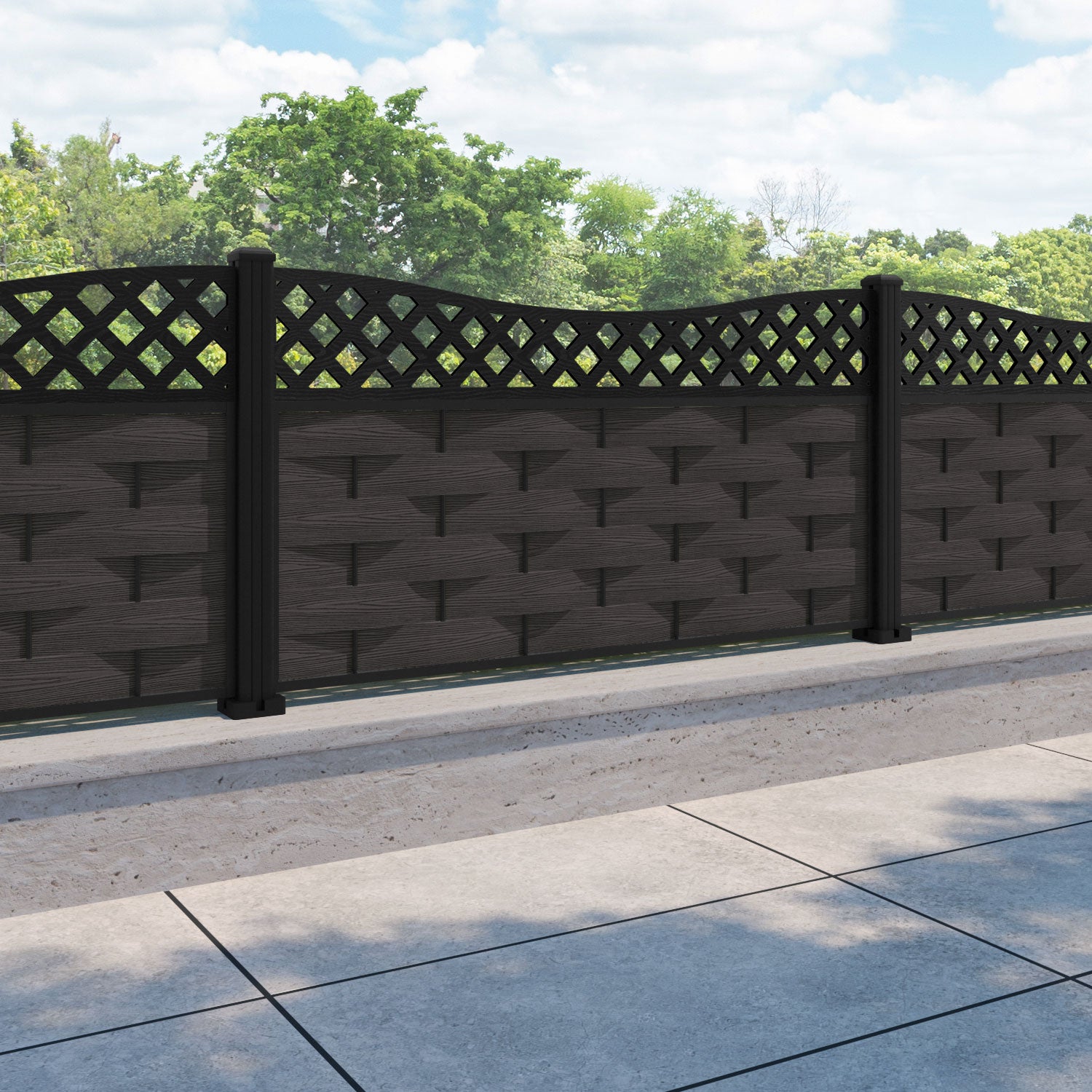 Ripple Low Wave Fence Panel - Dark Oak - with our aluminium posts