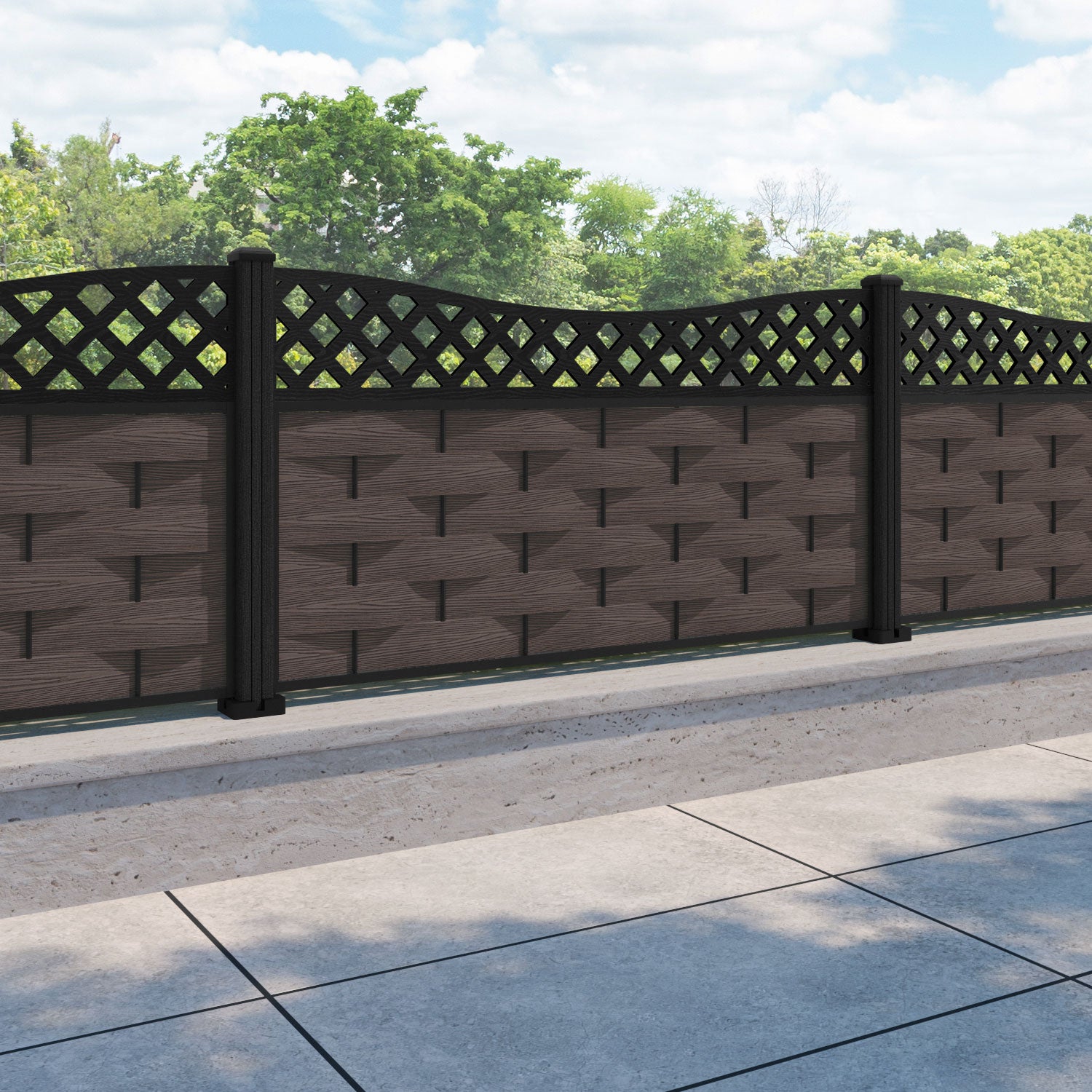 Ripple Low Wave Fence Panel - Mid Brown - with our composite posts