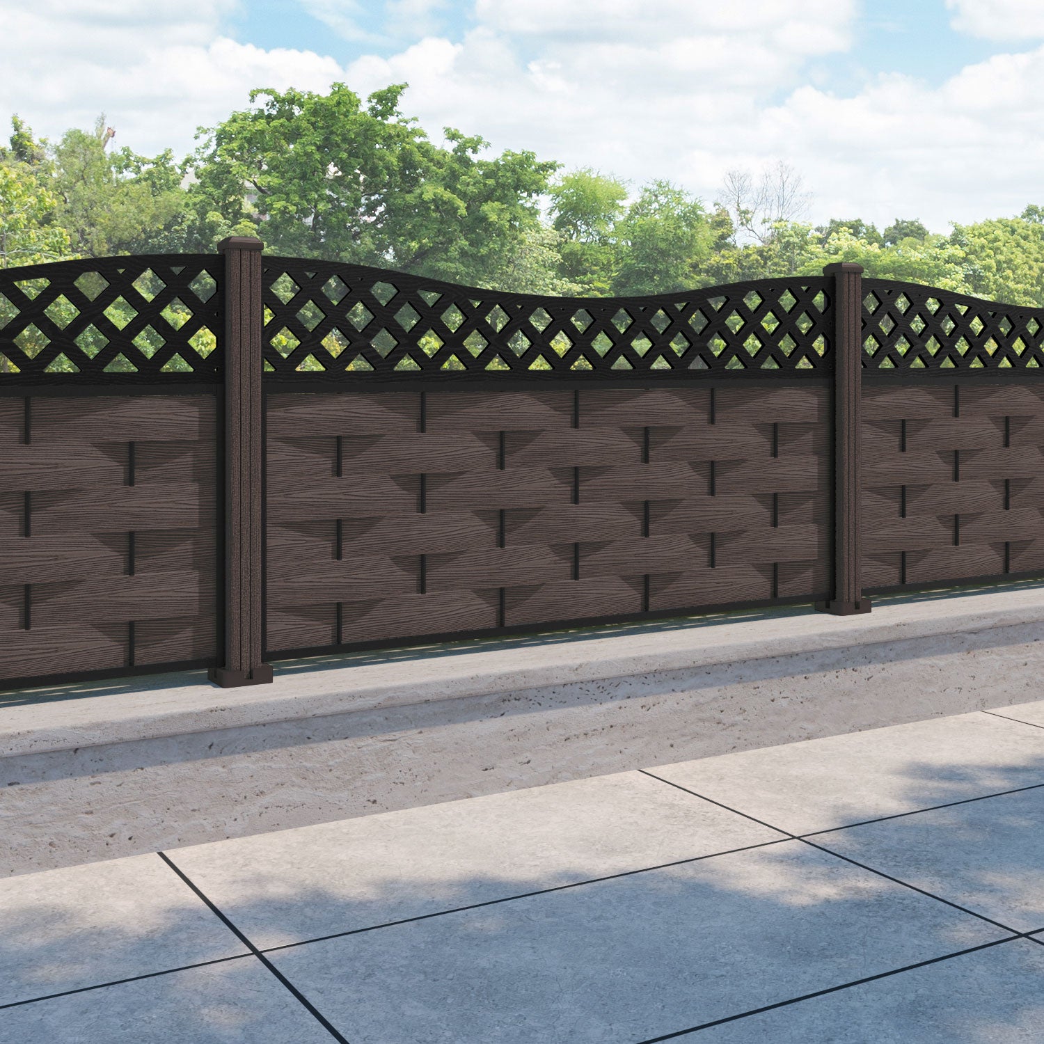 Ripple Low Wave Fence Panel - Mid Brown - with our composite posts