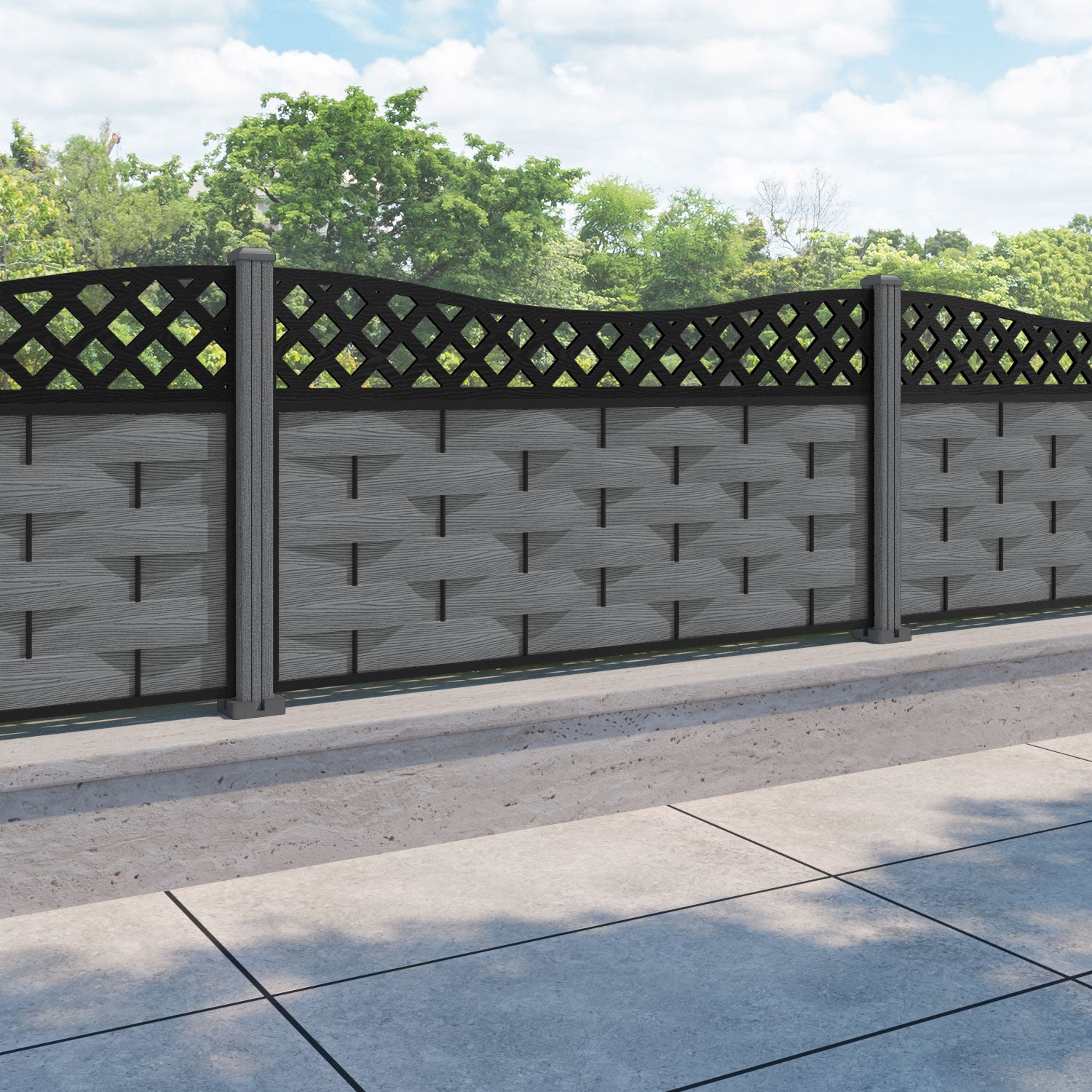 Ripple Low Wave Fence Panel - Mid Grey - with our composite posts