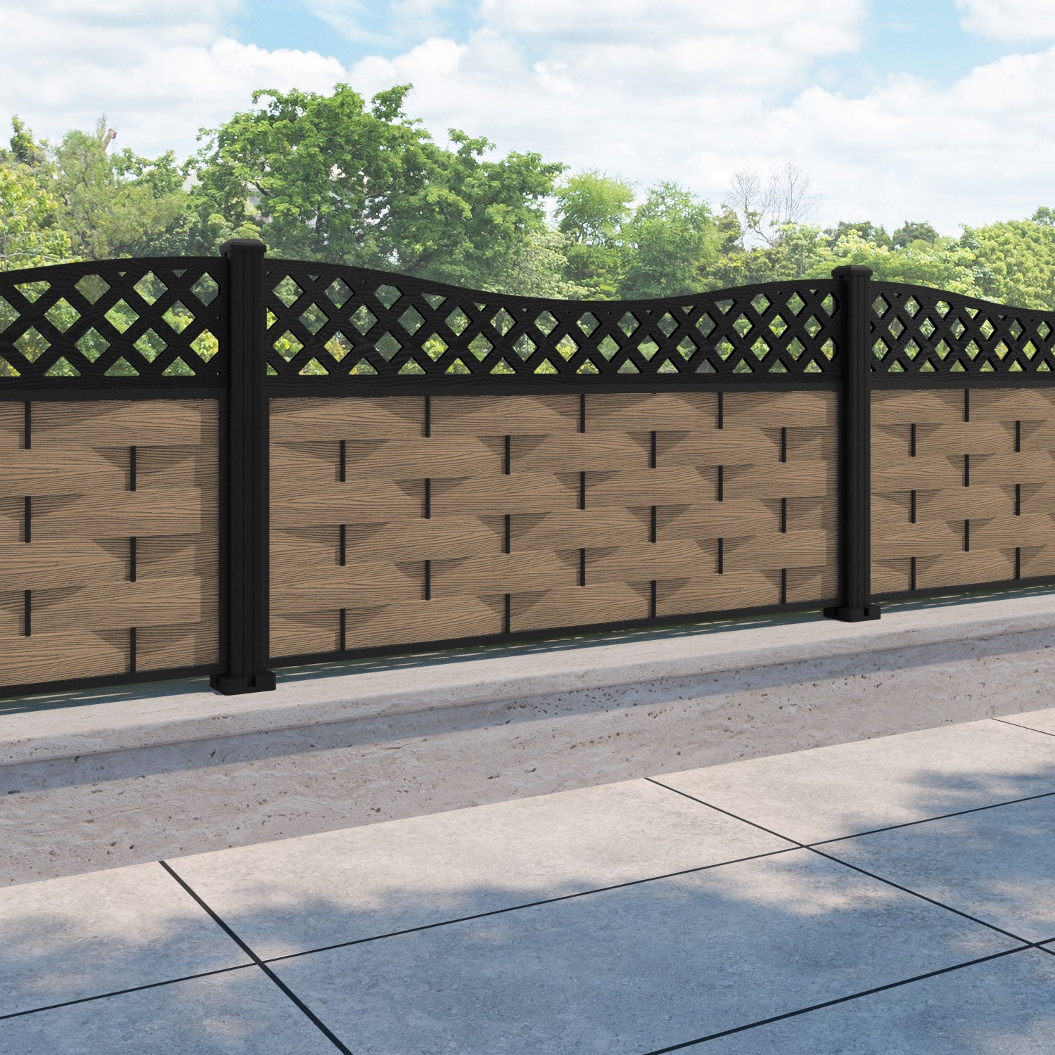 Ripple Low Wave Fence Panel - Teak - with our aluminium posts