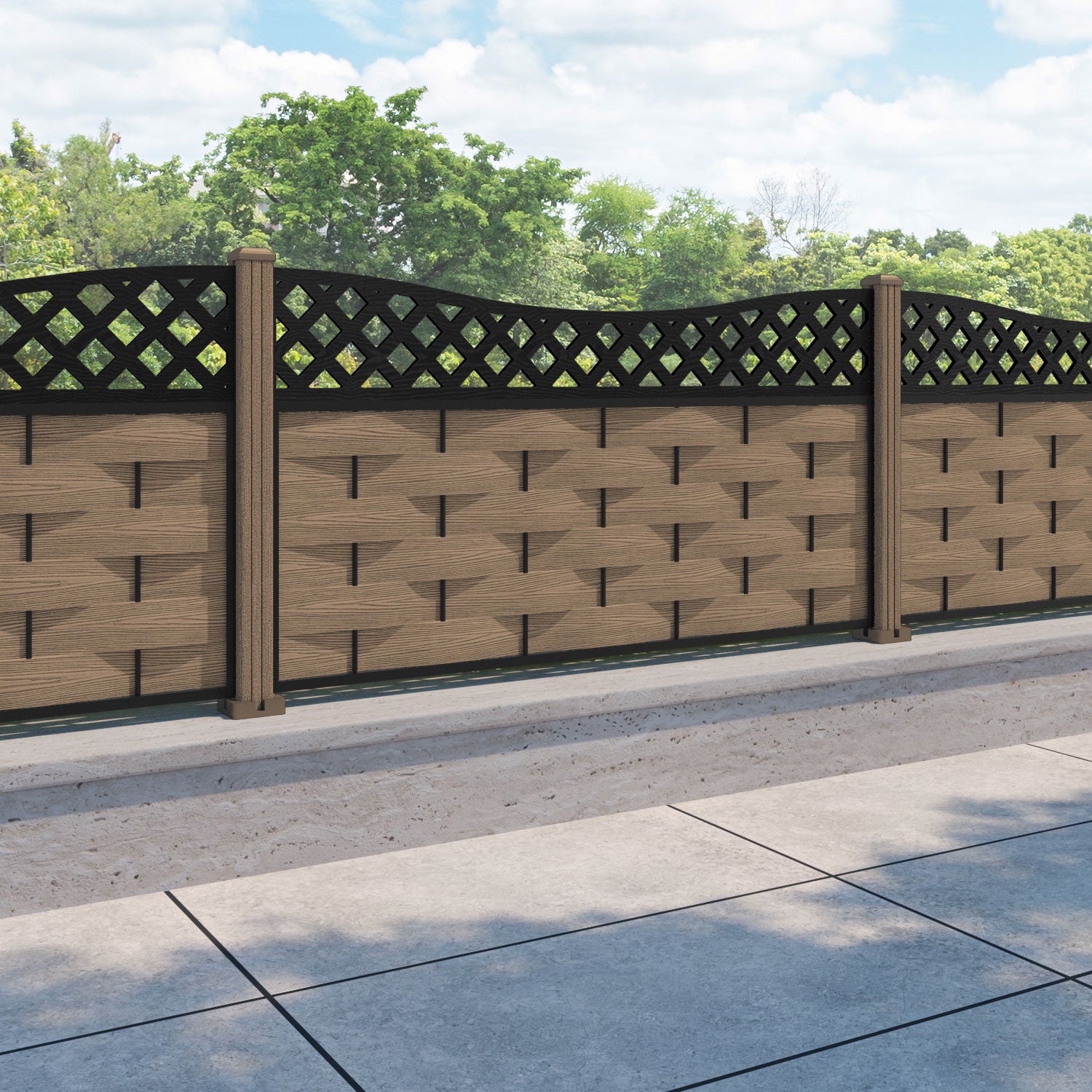 Ripple Low Wave Fence Panel - Teak - with our composite posts