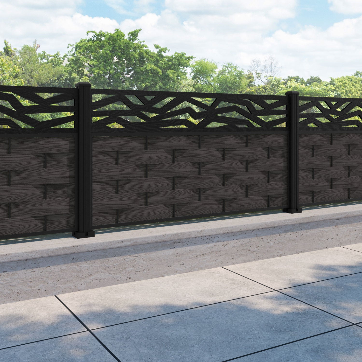 Ripple Zenith Fence Panel - Dark Oak - with our aluminium posts