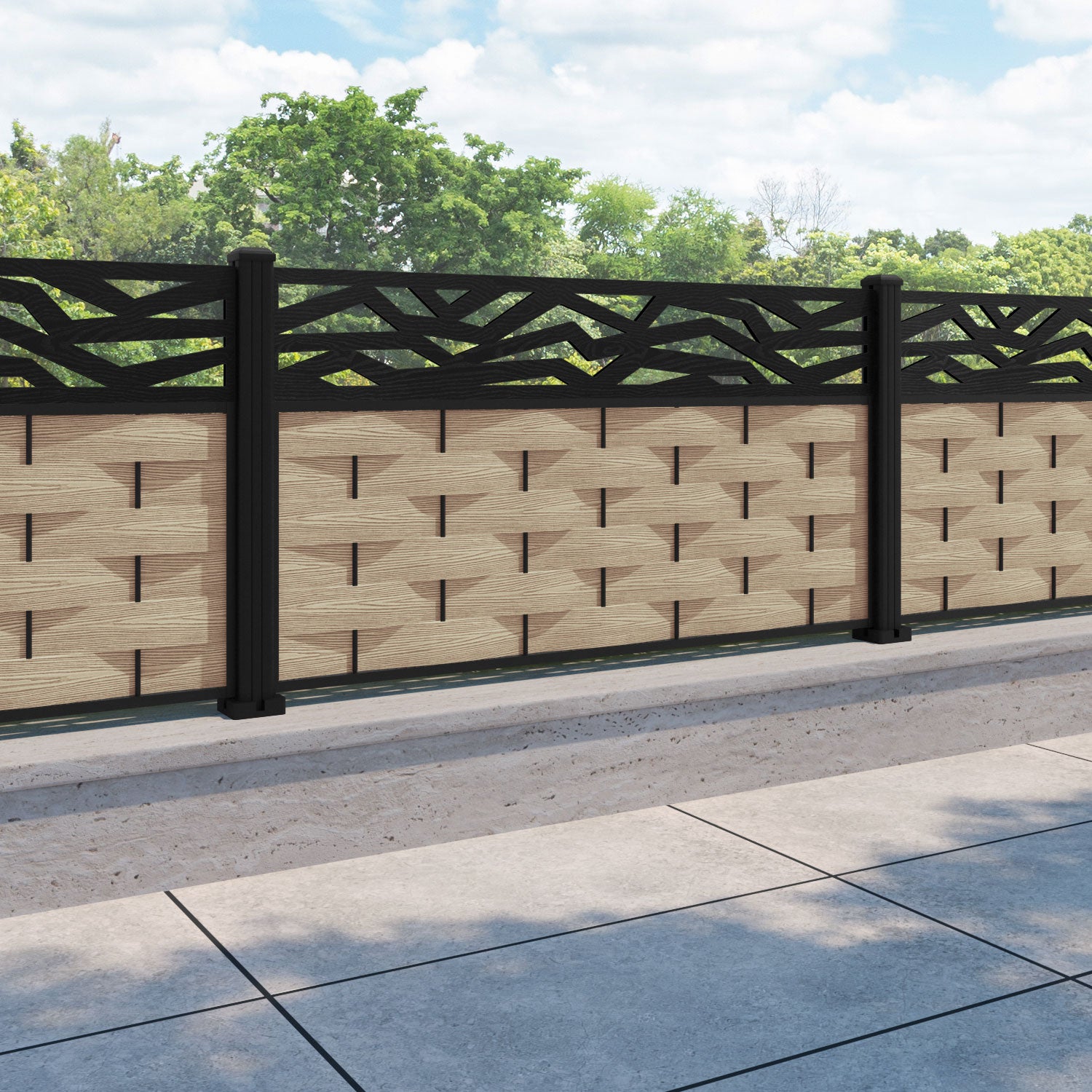 Ripple Zenith Fence Panel - Light Oak - with our aluminium posts