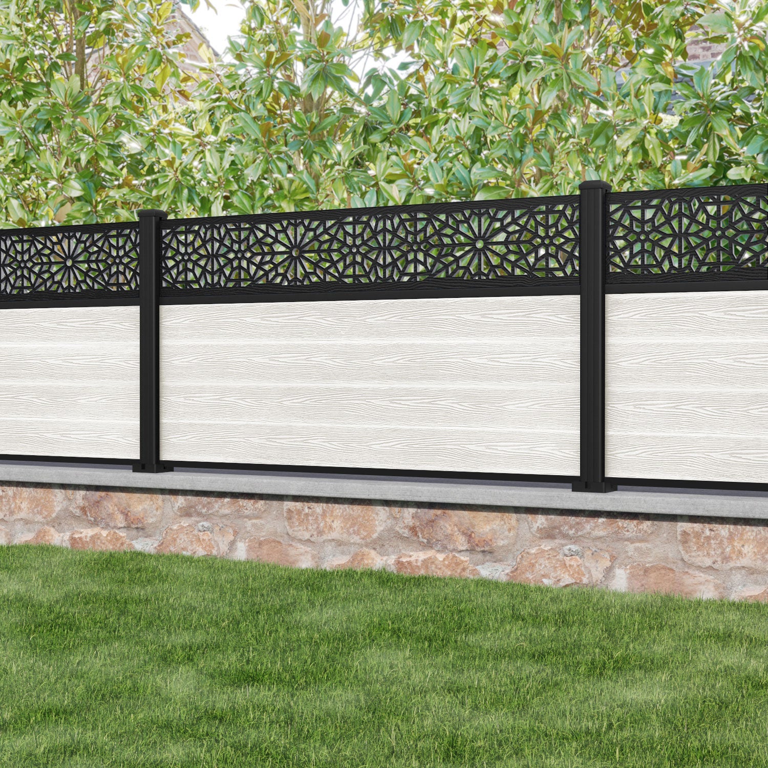 Classic Alnara Fence Panel - Light Stone - with our aluminium posts
