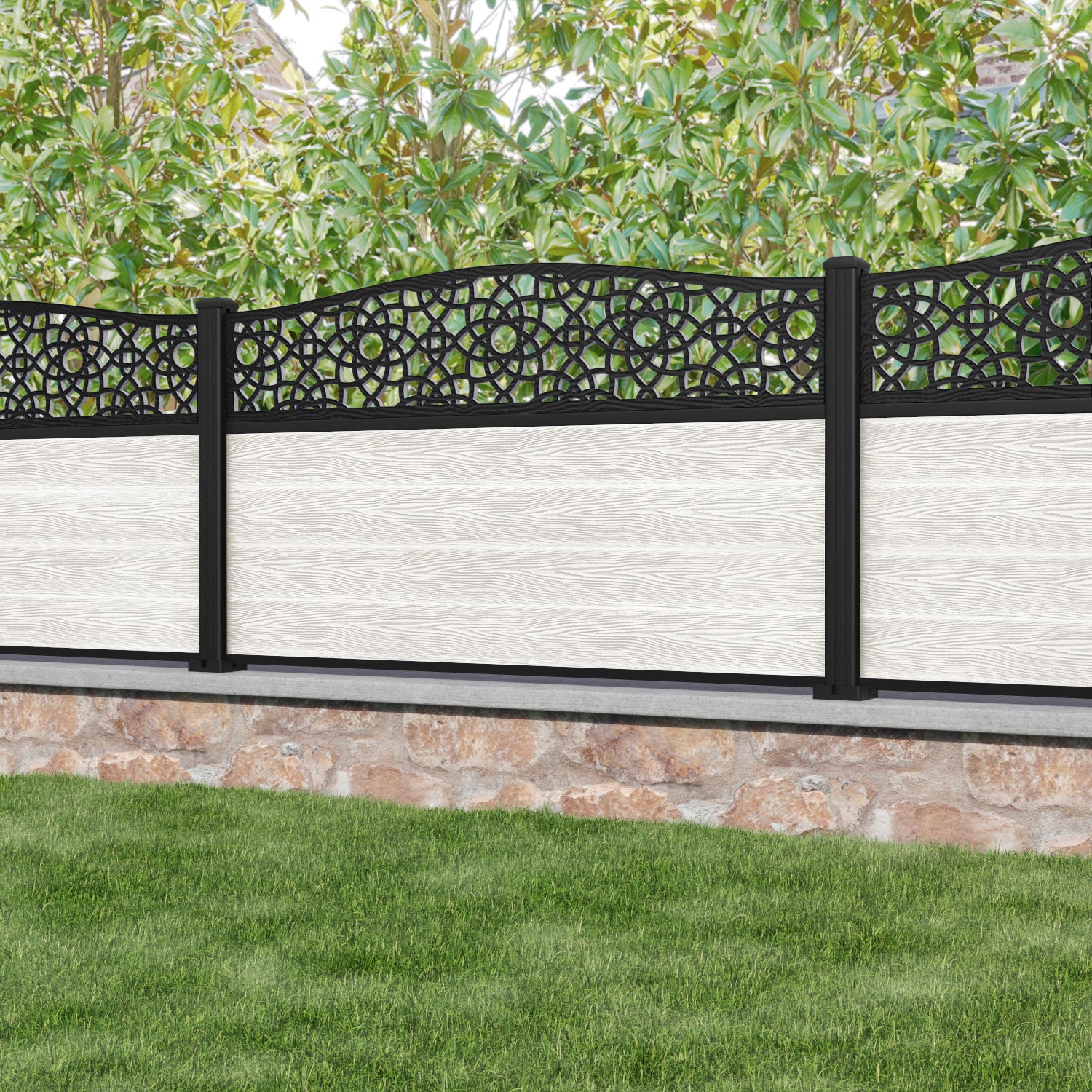 Classic Ambar Curved Top Fence Panel - Light Stone - with our aluminium posts