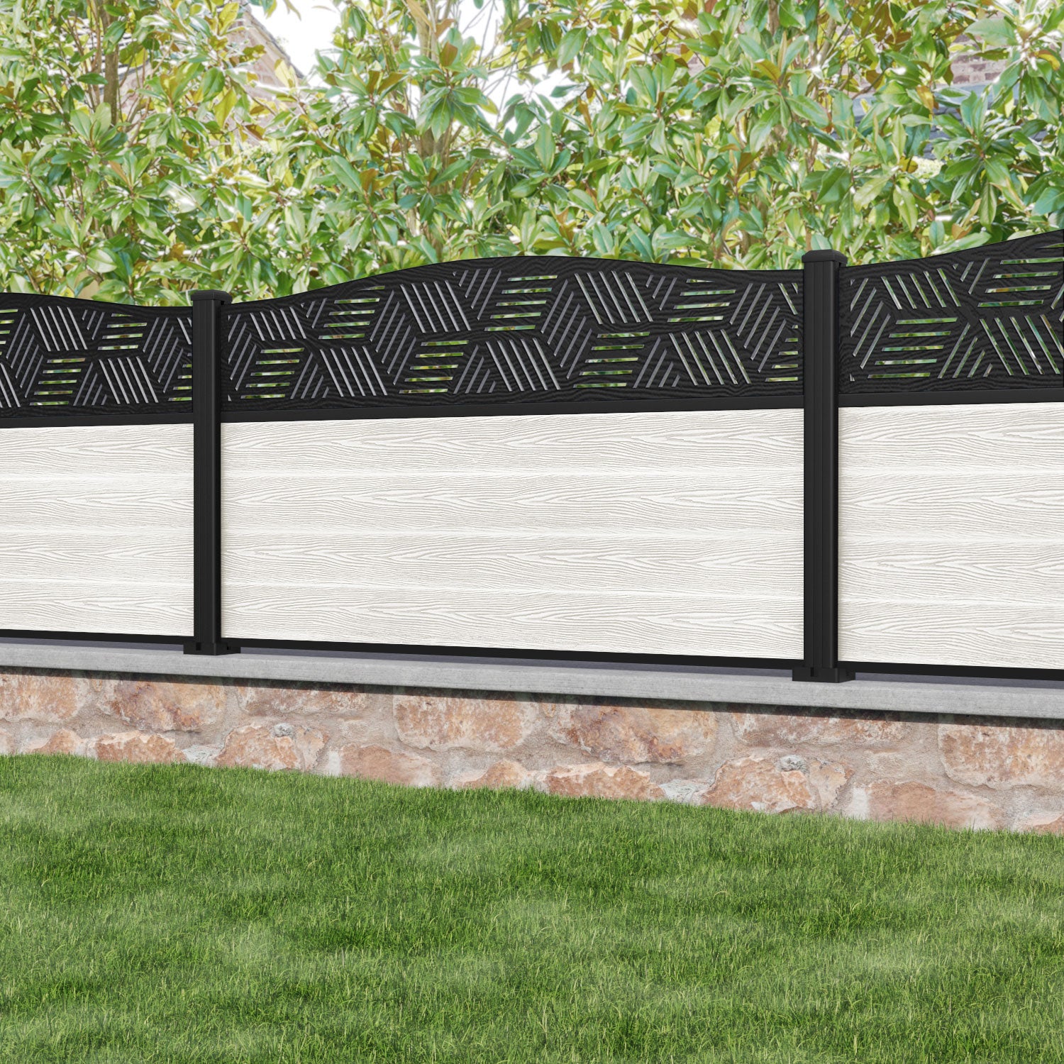 Classic Cubed Curved Top Fence Panel - Light Stone - with our aluminium posts