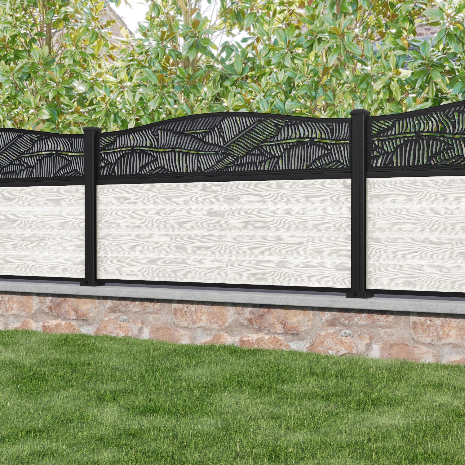 Classic Feather Curved Top Fence Panel - Light Stone - with our aluminium posts